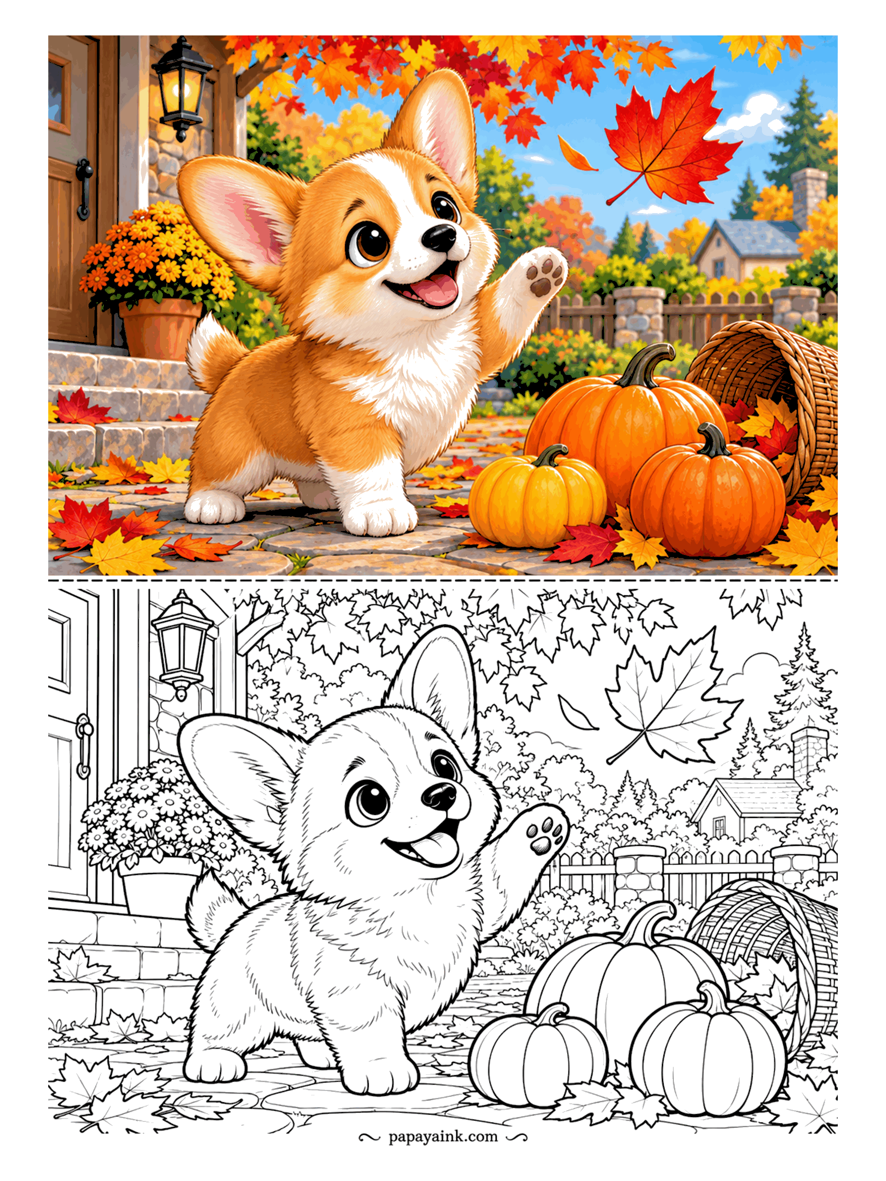 Puppy Coloring Pages - Leaf-catching season on the front steps. A corgi puppy swats at a maple leaf while a basket of pumpkins spills across the walk and mums bloom by the door. Go all in on reds, oranges and golds - the sample shows how far you can push them.