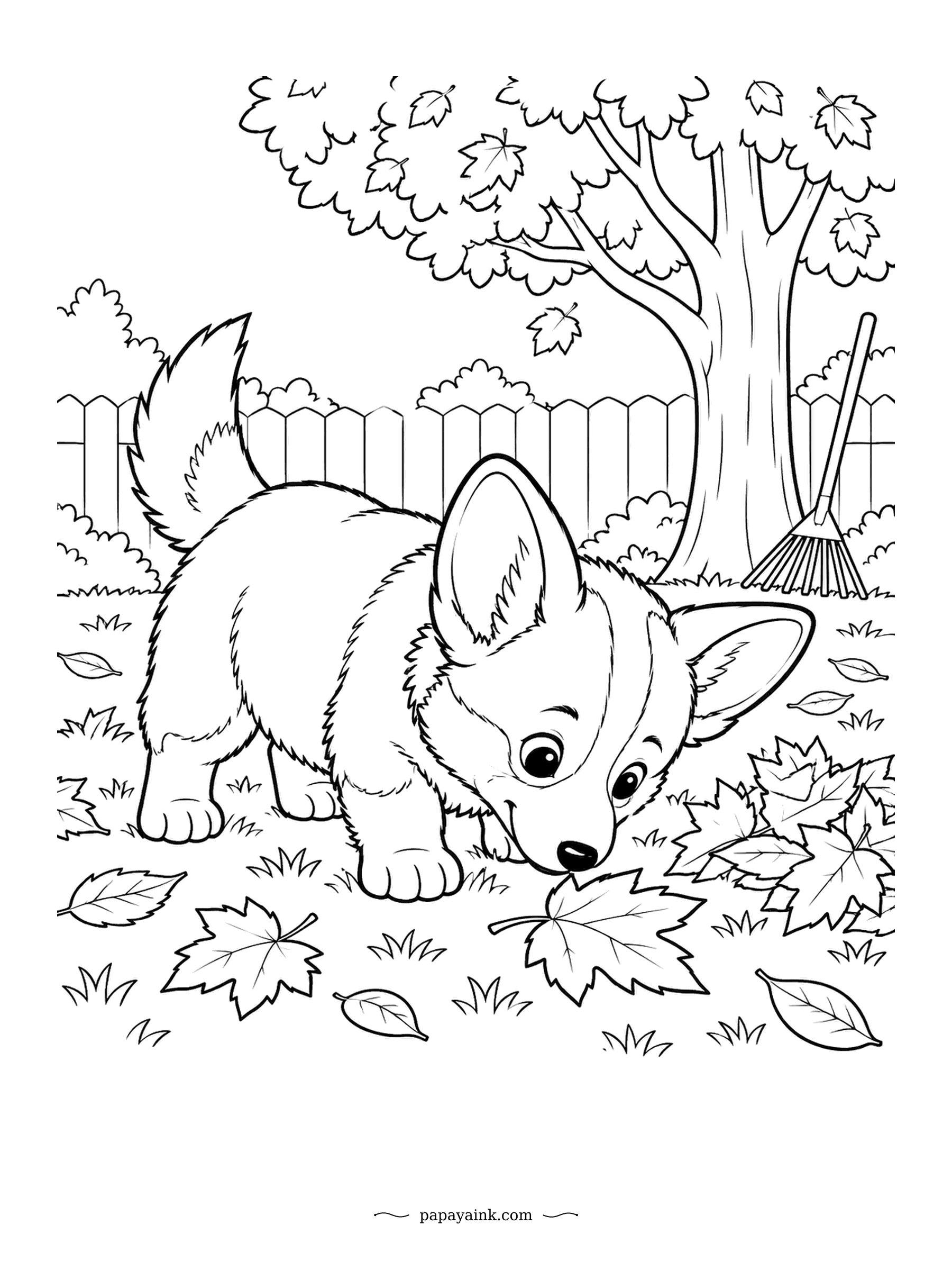 Puppy Coloring Pages - Someone raked the leaves into a neat pile, and the corgi has already started taking it apart. Maple leaves drift down from the tree overhead. Rusty oranges and reds for the leaves, warm ginger for the coat.
