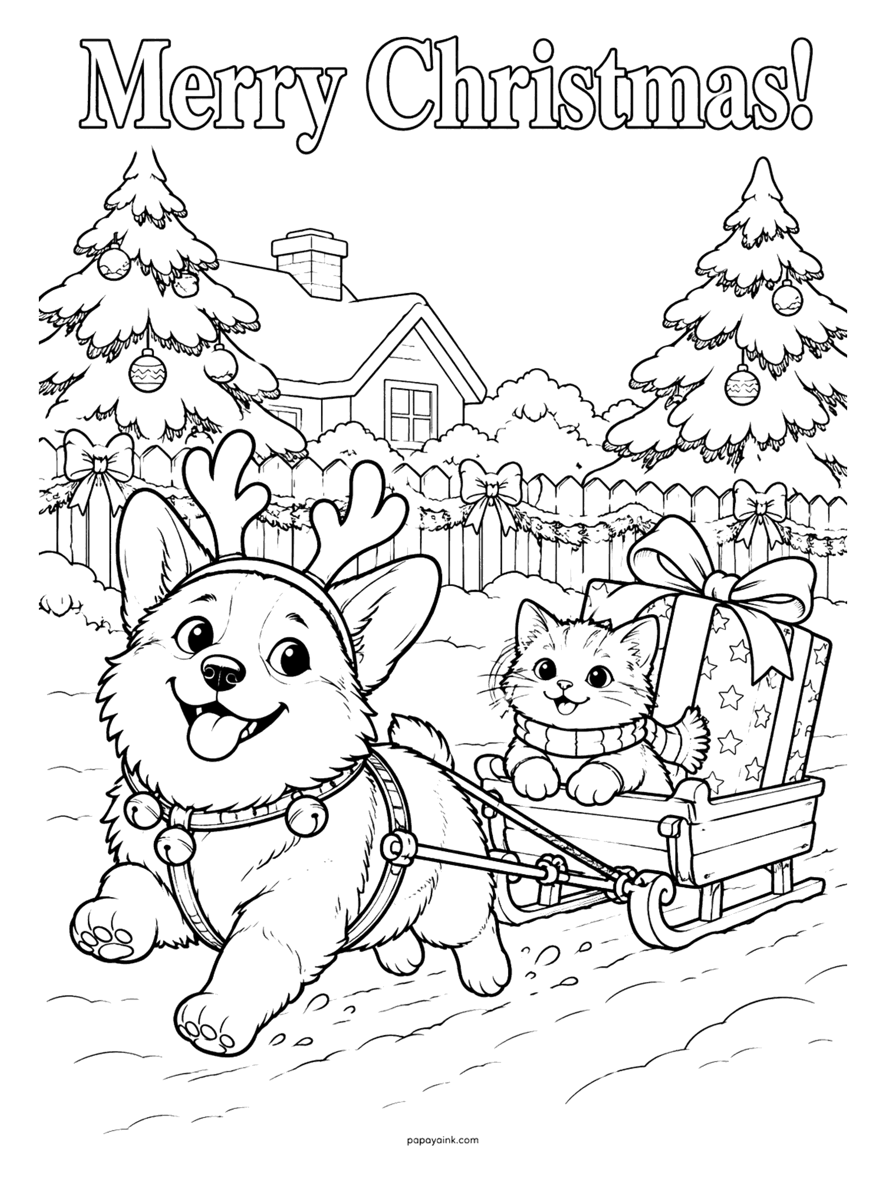 Merry Christmas Coloring Pages - A corgi in reindeer antlers and jingle bells pulls a kitten on a wooden sled past a snowy cottage and Christmas trees.