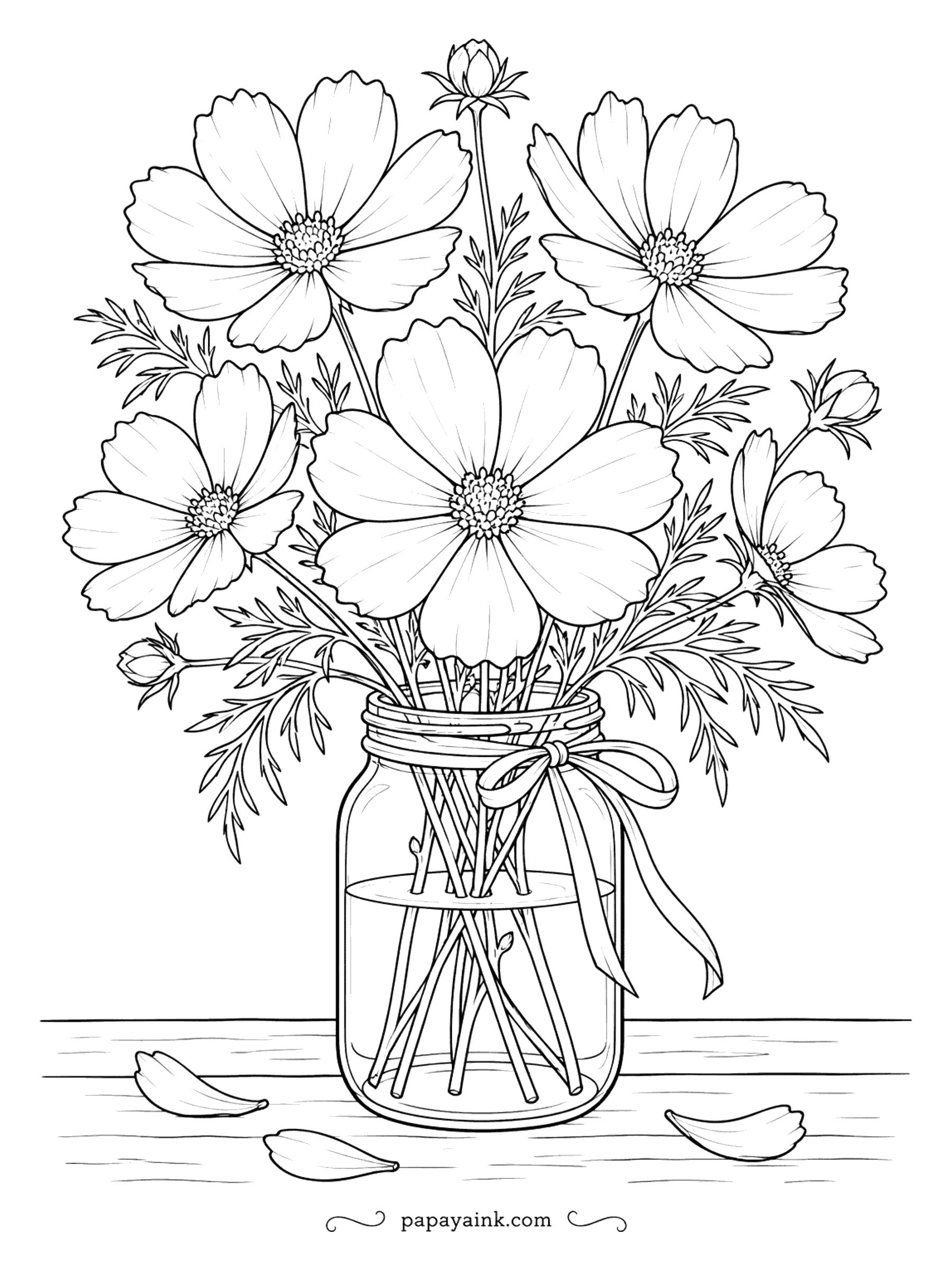 Flower Coloring Pages - A mason jar, a ribbon around its neck and a handful of cosmos - cut ones last about a week, which is reason enough. Petals have dropped on the table; stems show through the glass. Draw the water line lightly in blue.