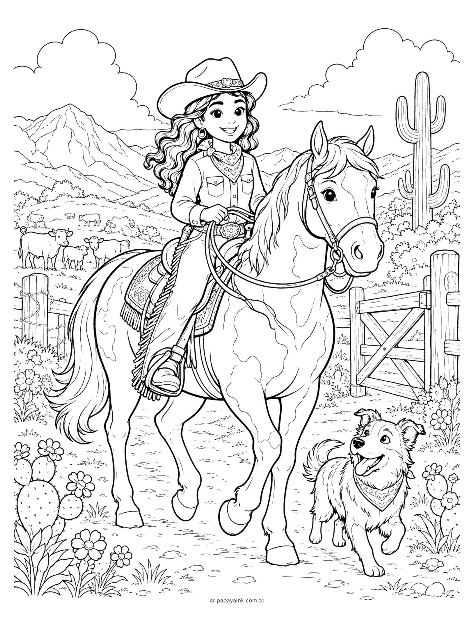 Horse Coloring Pages - A cowgirl in a hat and bandana rides a paint horse across a desert ranch with cactus, cattle and a mountain skyline, her ranch dog running alongside.