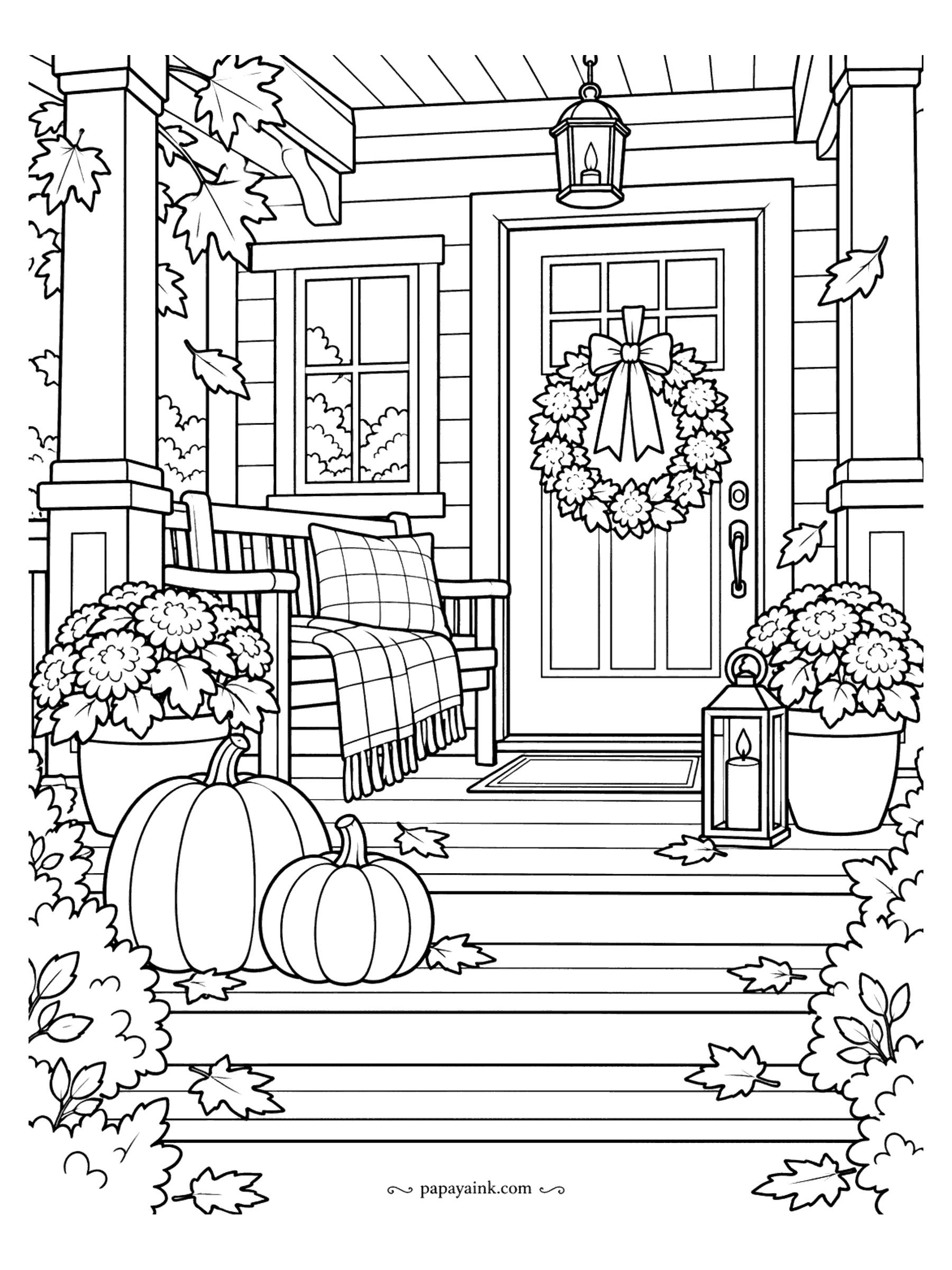 Cute Cozy Coloring Pages - Mums in clay pots, round gourds and a glowing lamp welcome guests up the steps of a clapboard porch, where a bow-trimmed wreath graces the front door.