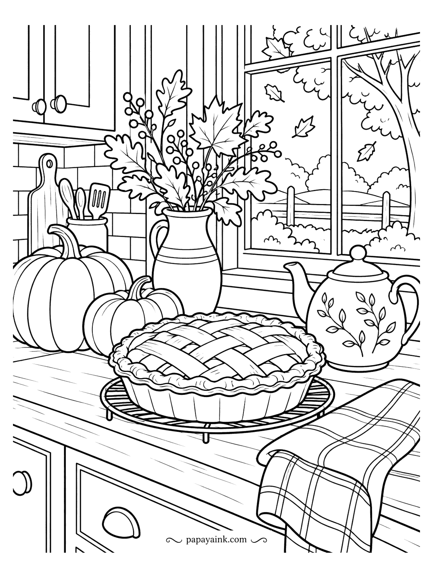 Cute Cozy Coloring Pages - Autumn leaves drift outside while a golden lattice pie cools between pumpkins, a berry-sprig pitcher and a leaf-painted kettle on the butcher-block counter.