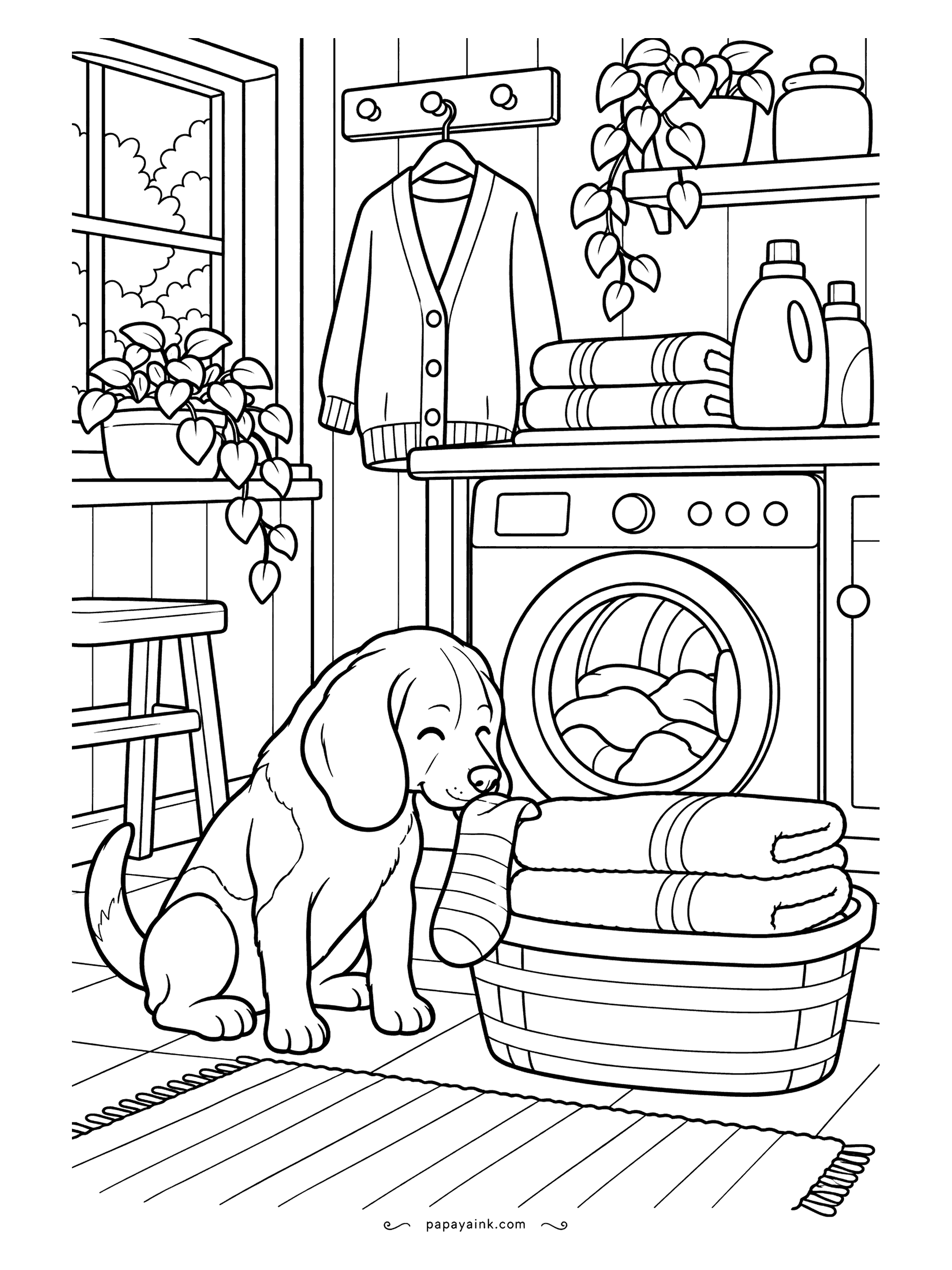 Cute Cozy Coloring Pages - Clean towels, fresh cardigan, and a beagle who has claimed one striped sock as payment. He sits beside the laundry basket in front of the washing machine, with detergent bottles on the shelf and trailing plants overhead.