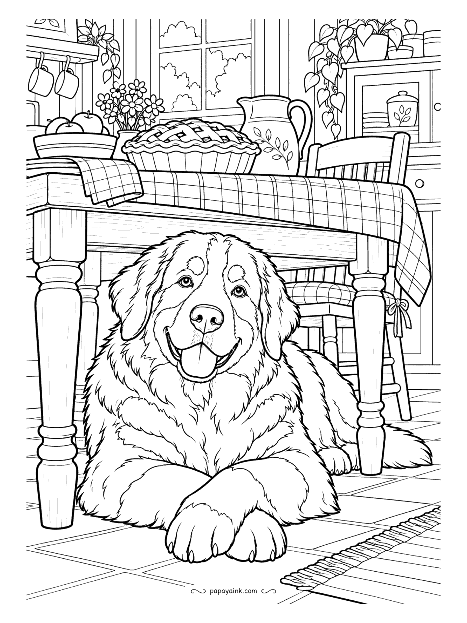 Cute Cozy Coloring Pages - Lattice pie, apples and a painted pitcher crowd the farmhouse tabletop, while a big fluffy mountain dog stretches out underneath with a hopeful smile. Detailed.