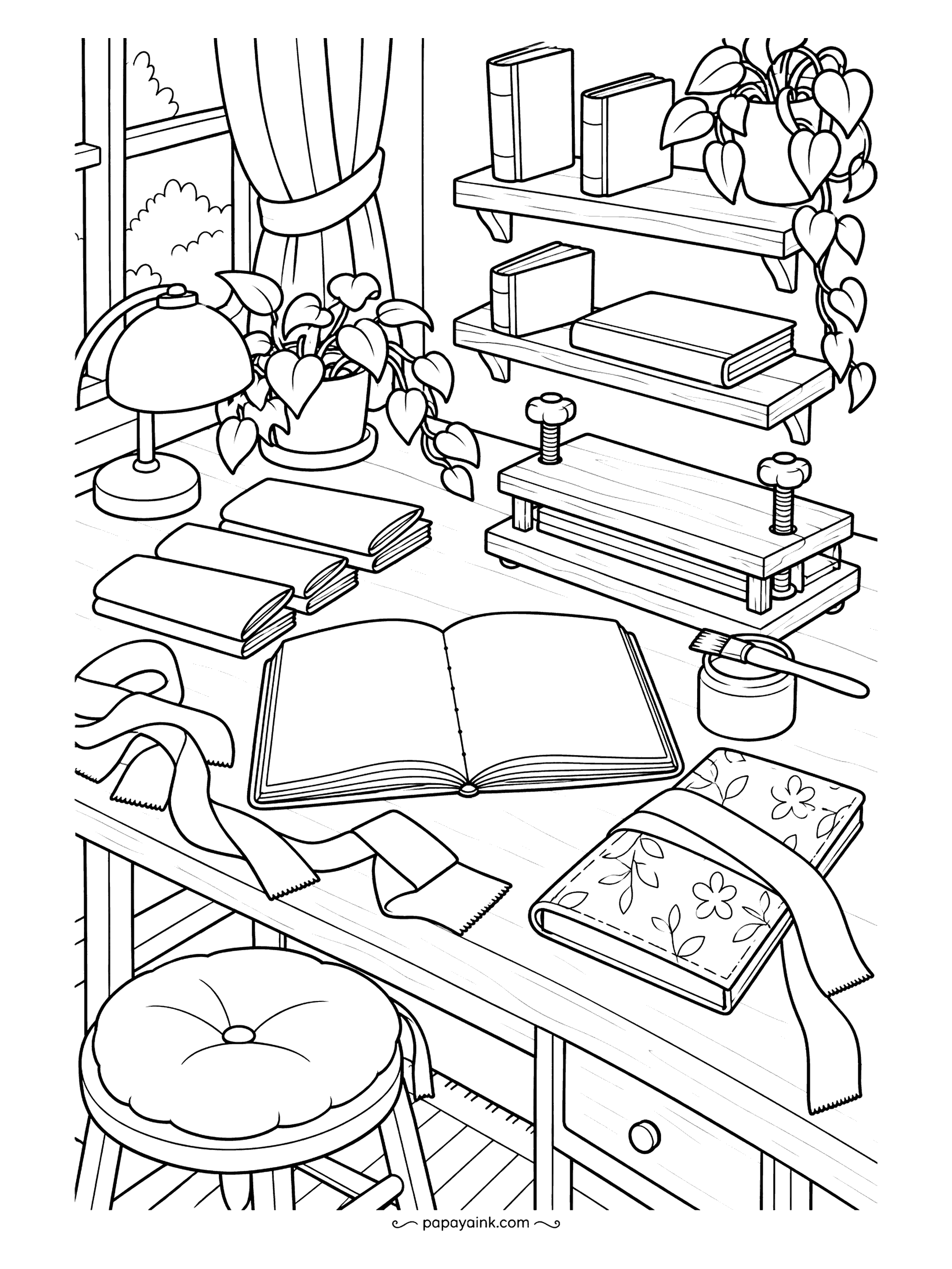Cute Cozy Coloring Pages - Folded pages, a glue pot and brush, ribbon and a little wooden press: everything needed to bind a book by hand is laid out on this desk. Shelves of finished volumes and a small lamp sit by the window. Detailed.