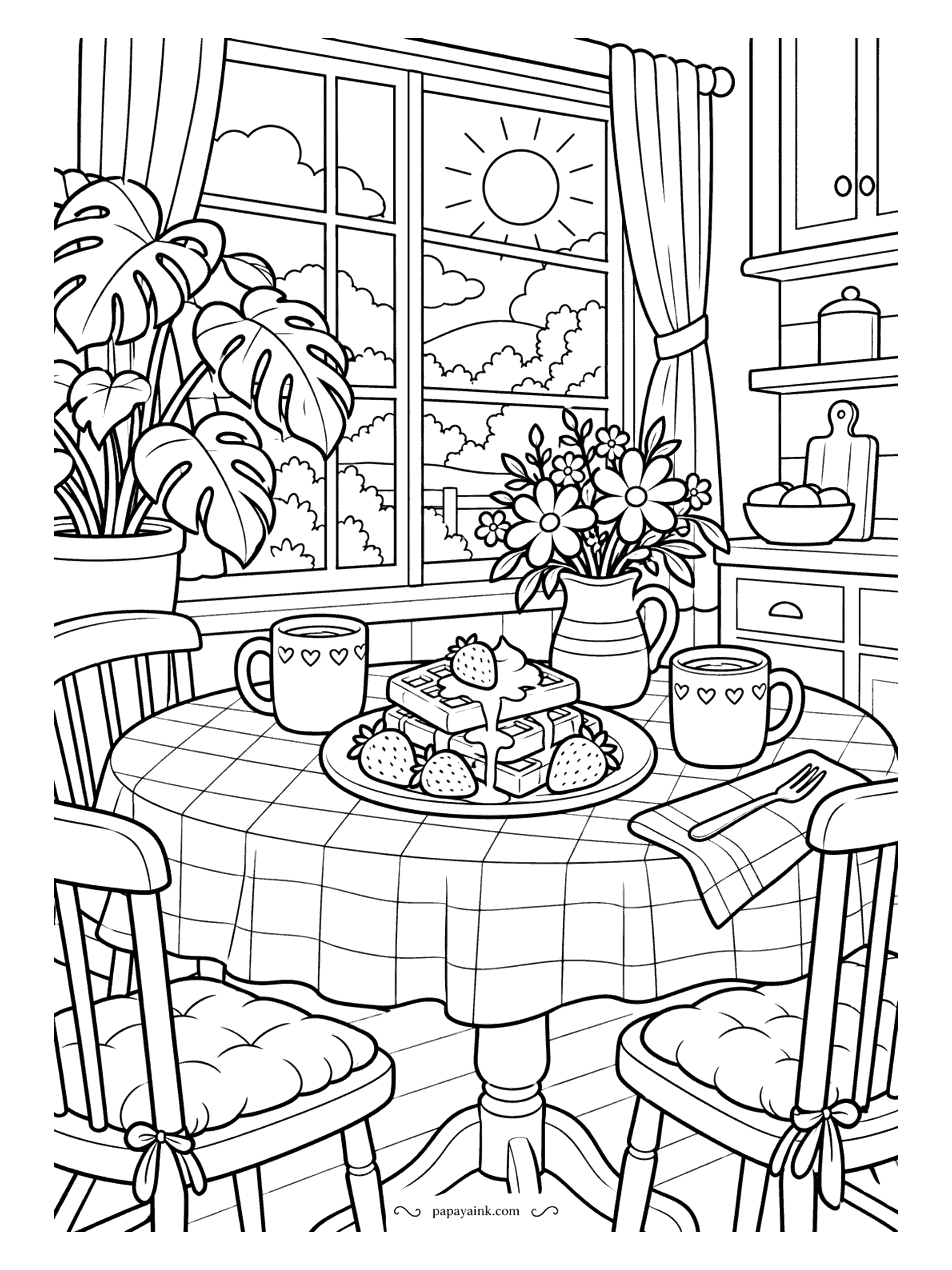 Cute Cozy Coloring Pages - Morning sunshine pours over a gingham cloth laid with strawberry waffles, heart-dotted mugs and a jug of daisies, while a monstera fills the corner.