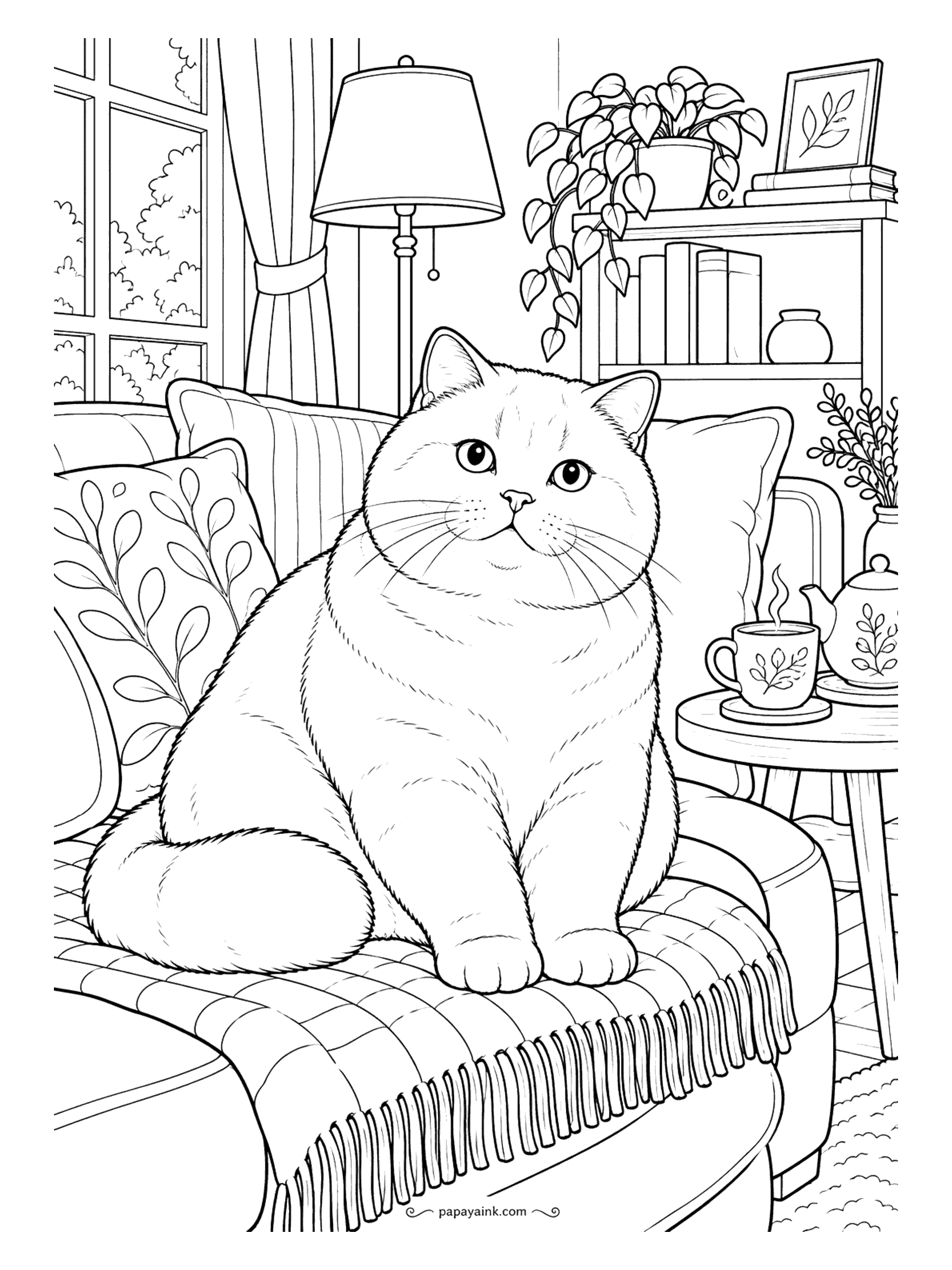 Cute Cozy Coloring Pages - Perched on a fringed sofa cover, a round British Shorthair studies a steaming teacup with calm, golden-eyed dignity.