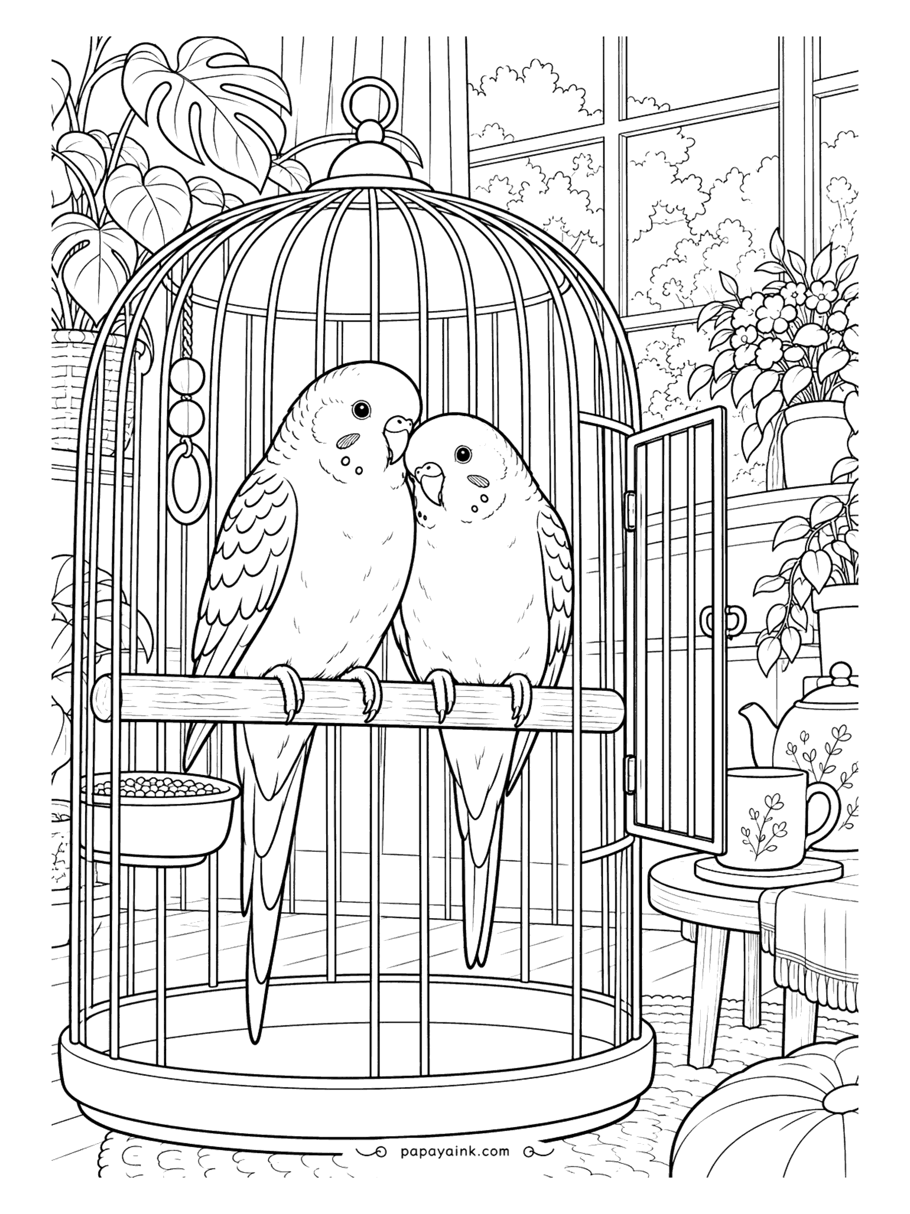 Cute Cozy Coloring Pages - Two budgies snuggle on a timber perch inside a domed cage, its little gate swung wide toward a sunroom of potted greenery and a flowered teapot. Detailed.