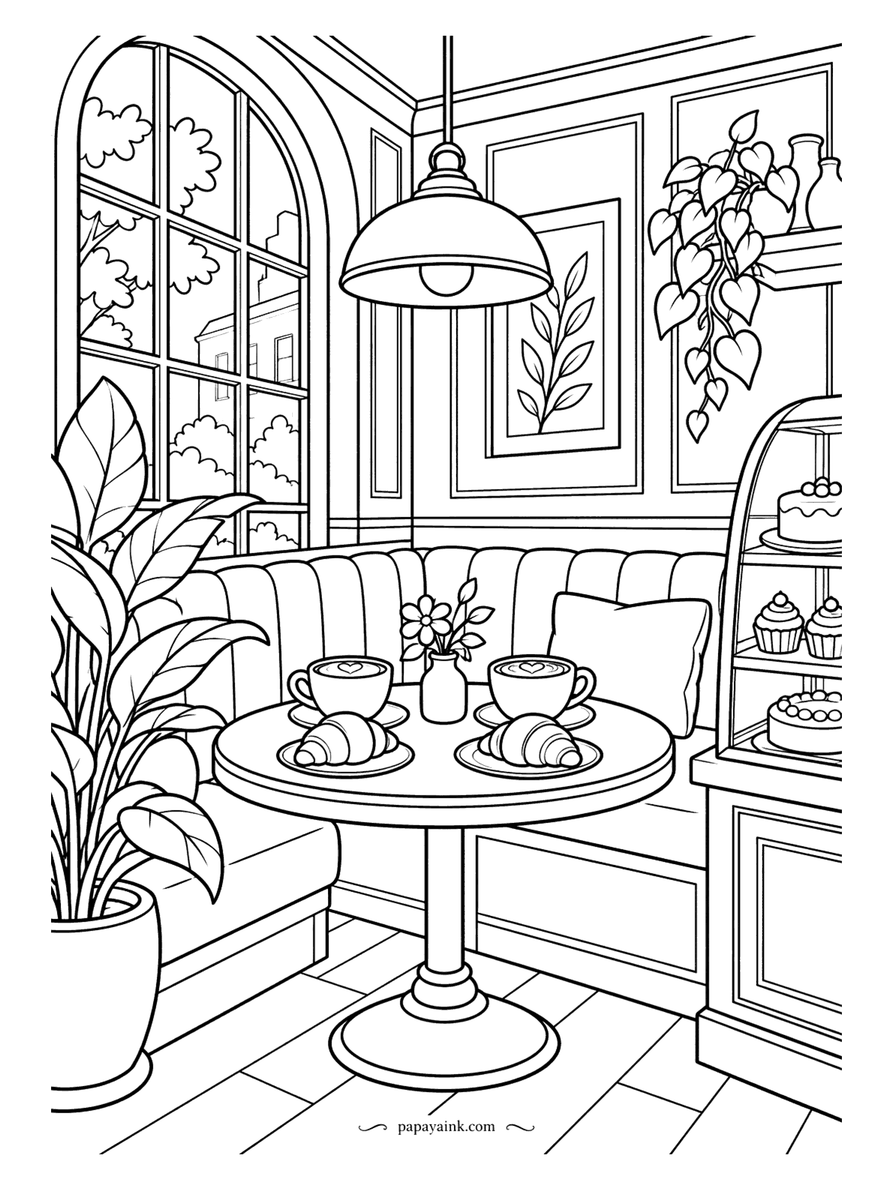 Cute Cozy Coloring Pages - Heart-topped lattes and flaky croissants await two friends in a curved velvet booth, while cakes and cupcakes tempt from a tiered display under a dome pendant.