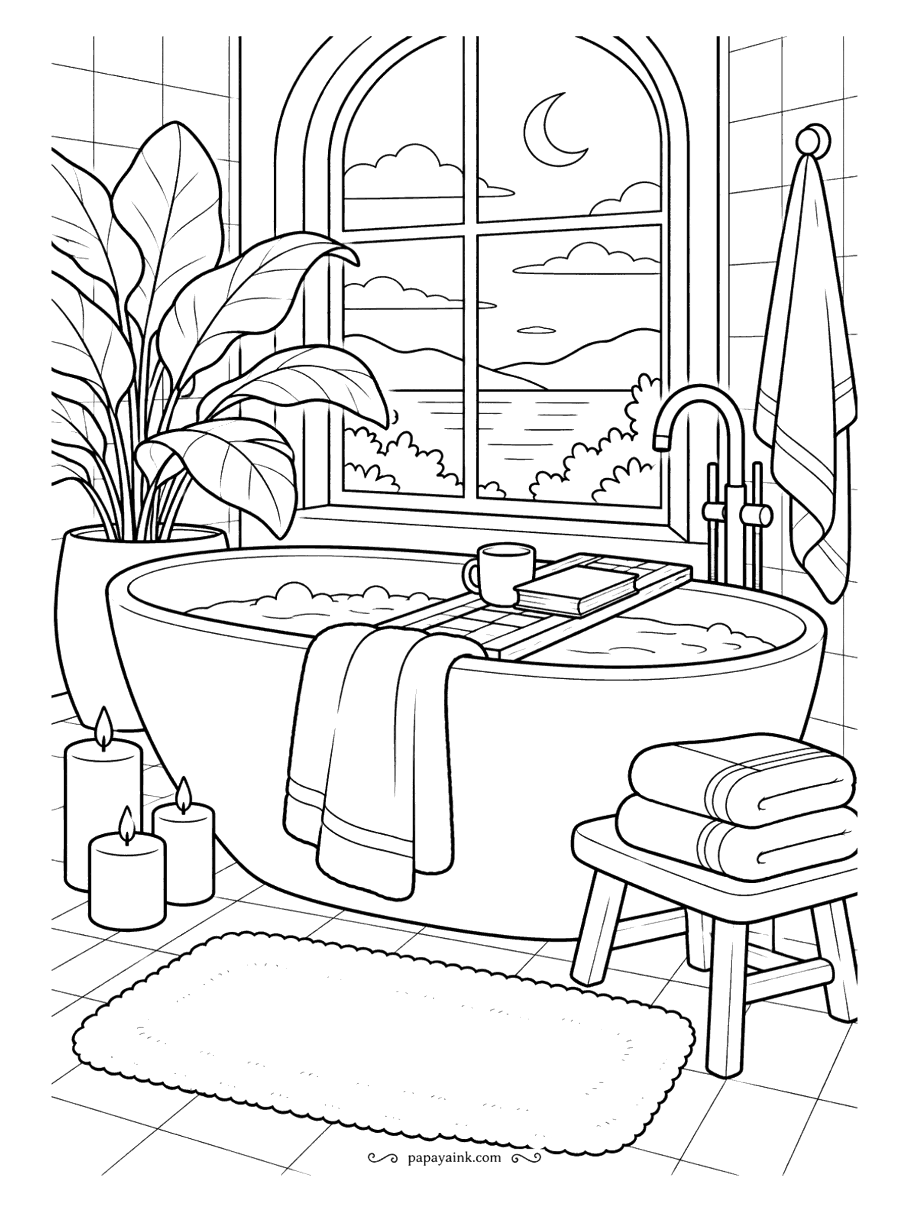 Cute Cozy Coloring Pages - Candles flicker around a deep soaking tub topped with foam, a bath caddy holds a paperback and a cup of chamomile, and a crescent rises over the sea through arched glazing.