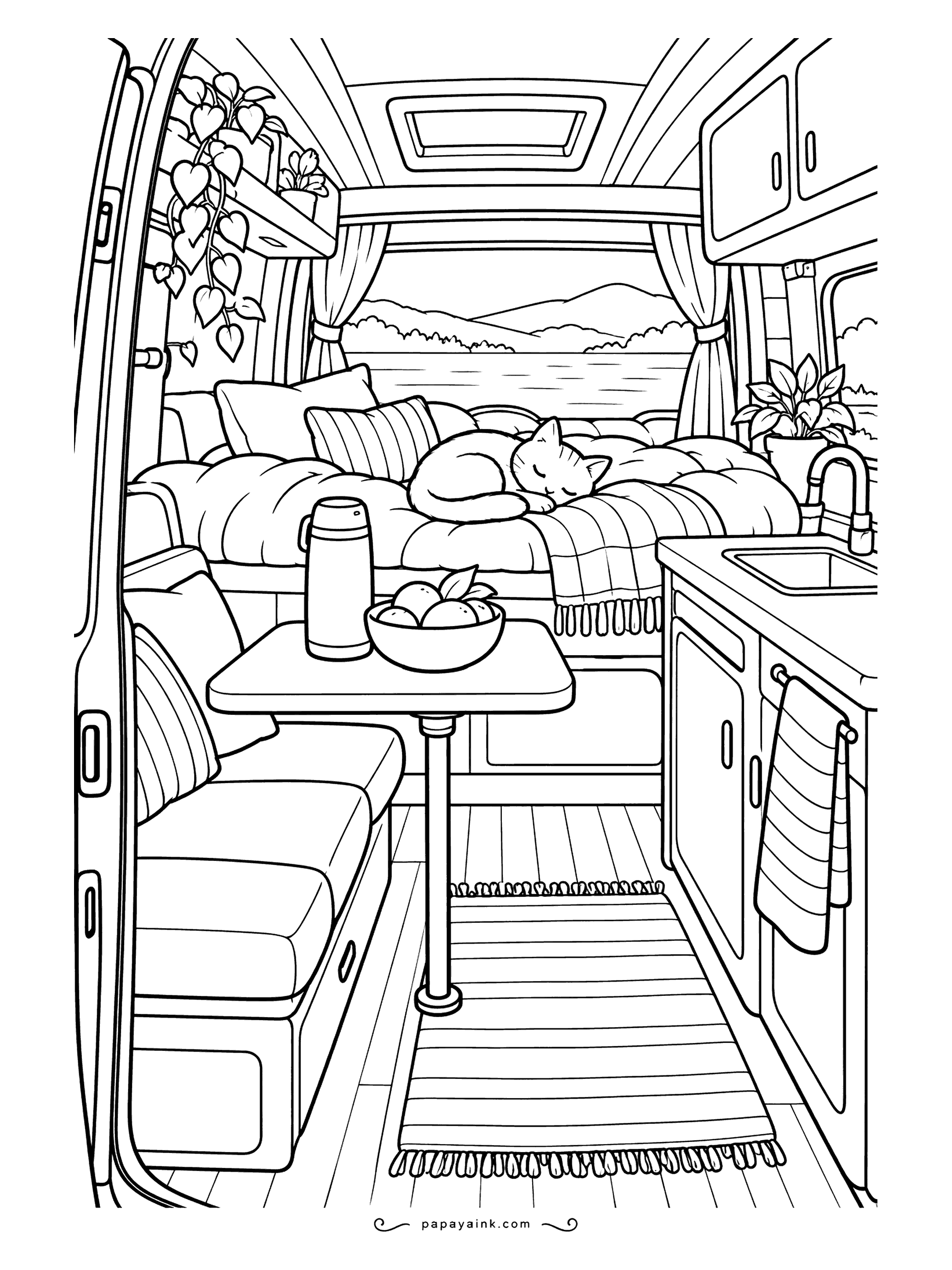 Cute Cozy Coloring Pages - Parked by a mountain lake, the camper van is all set for the night: curtains open, a thermos and a bowl of fruit on the fold-down table, and the cat already asleep on the bed. Detailed - lots of little interior pieces.
