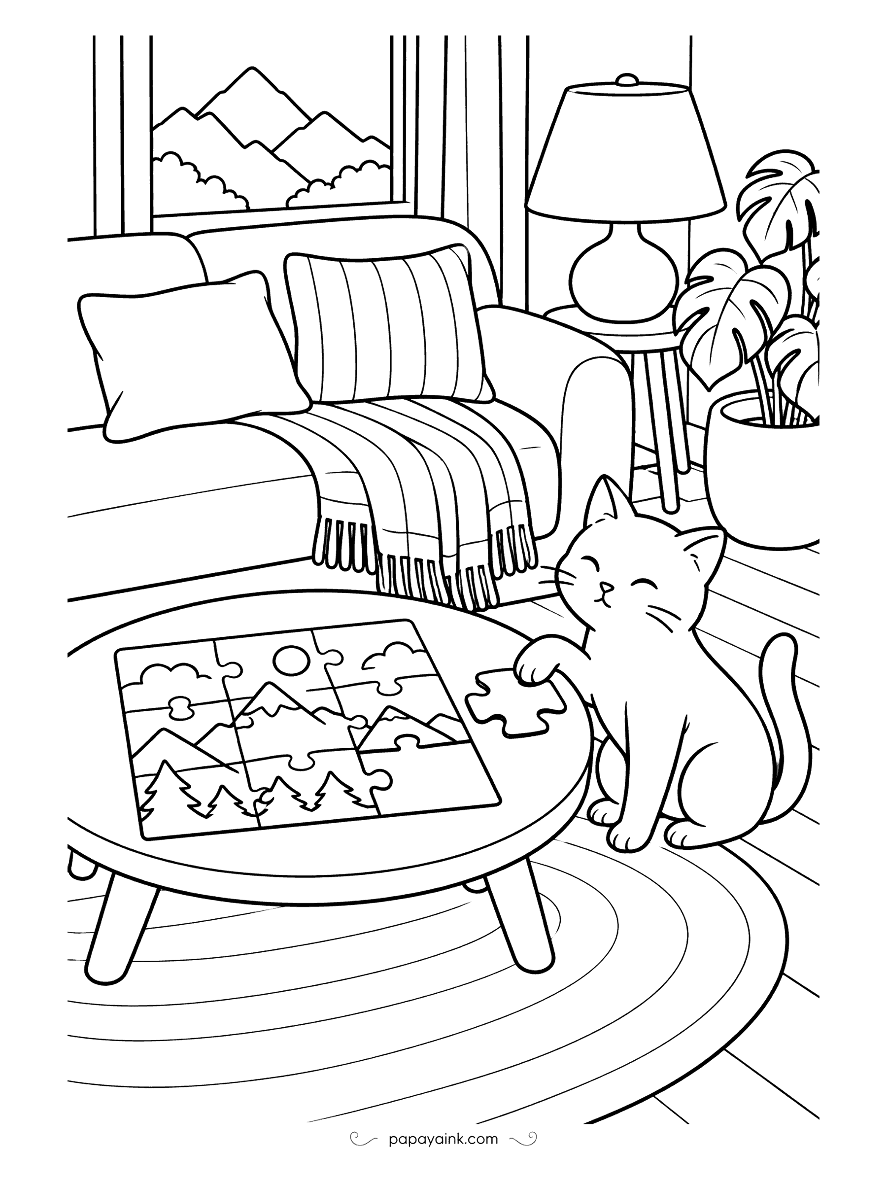 Cute Cozy Coloring Pages - One piece is still missing, and the cat has it. She reaches a paw toward the coffee table puzzle of mountains and pines, in a living room with a sofa, a striped throw, a lamp and a monstera. Relaxed lines with open spaces.