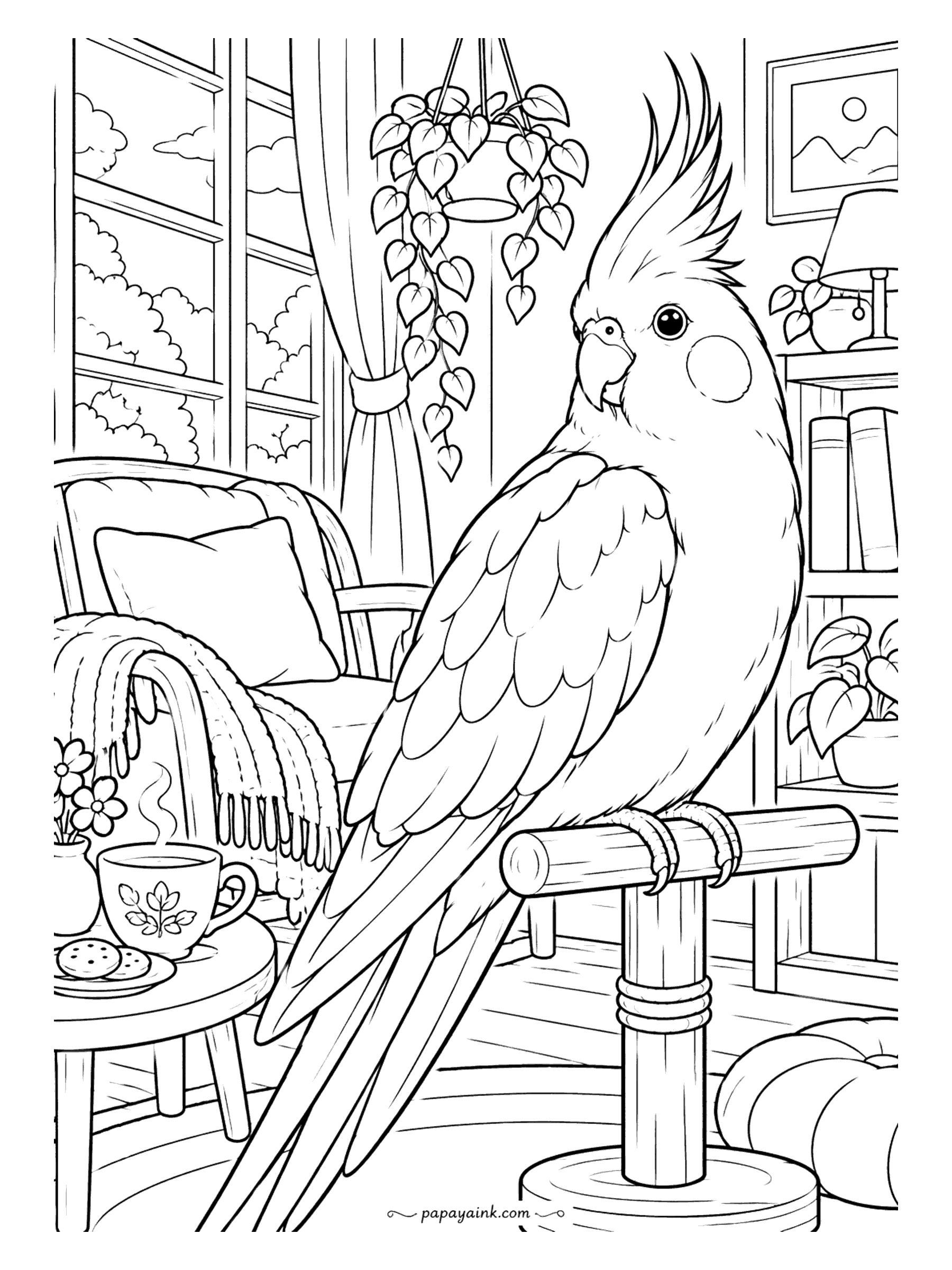 Cute Cozy Coloring Pages - Crest held high, a rosy-cheeked cockatiel perches in a sitting room filled with trailing pothos, bookshelves and a plate of cookies by the teacup. Detailed.