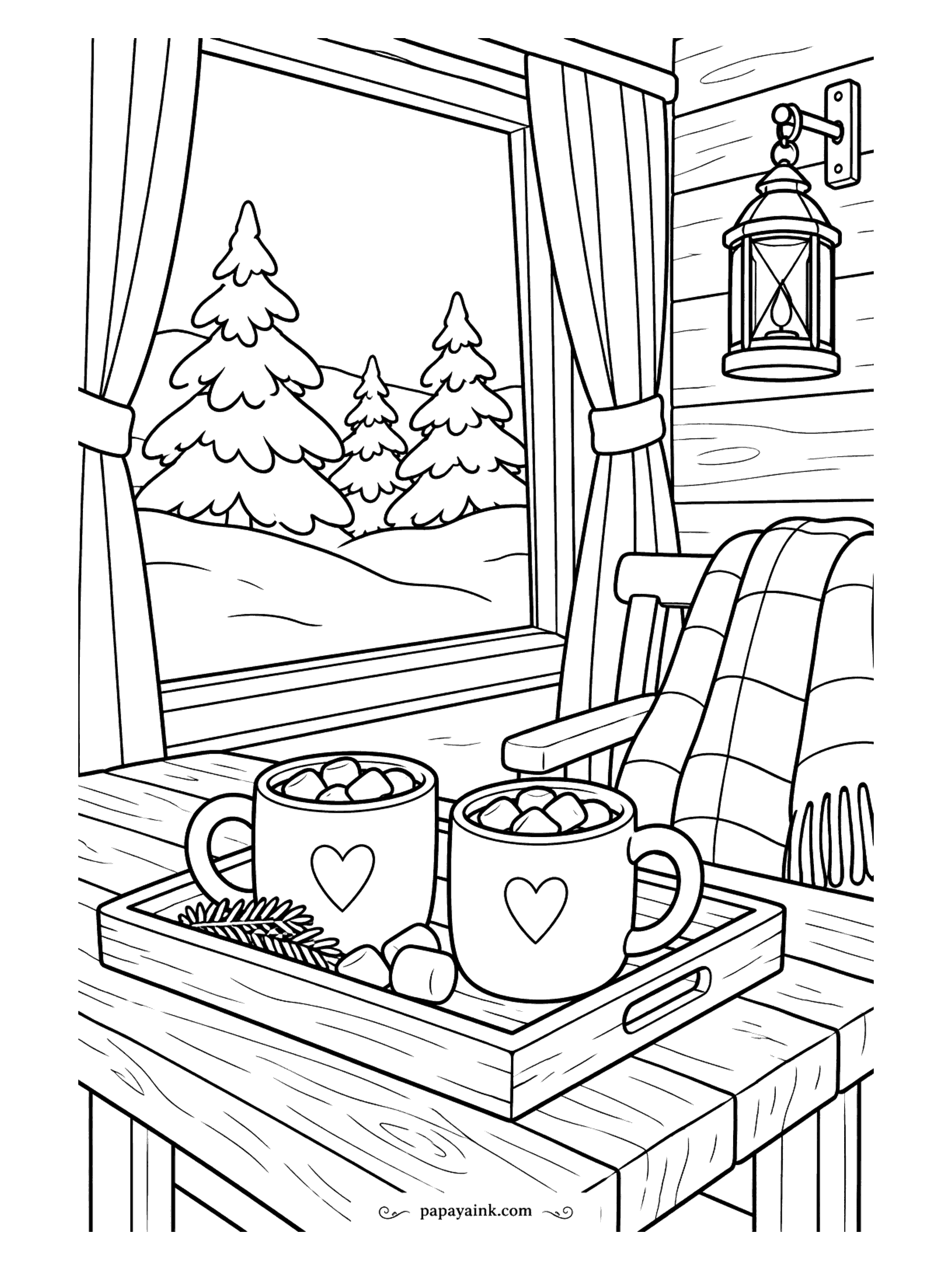 Cute Cozy Coloring Pages - Marshmallows bob in twin cocoa mugs on a rustic tray as drifts blanket the fir forest outside a log cabin and a plaid wrap hangs over the rocker.