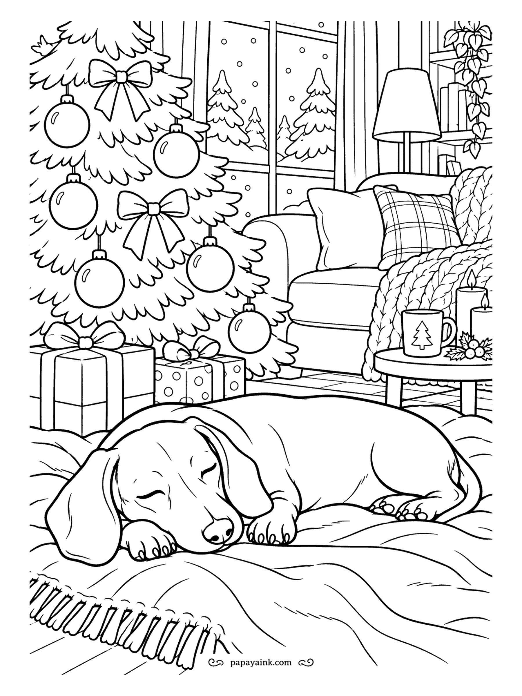 Cute Cozy Coloring Pages - Snowflakes drift past frosty panes while a dachshund dreams on a soft duvet, presents piled under the glittering fir and tapers lit on a side table nearby.