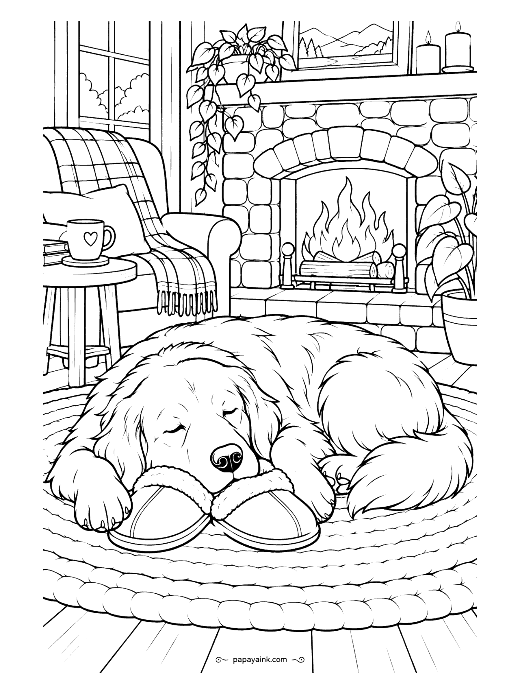 Cute Cozy Coloring Pages - Curled on a braided rug, a shaggy retriever dozes with its chin on a pair of fleece slippers, lulled by the fire and a cup of cocoa nearby. Detailed.