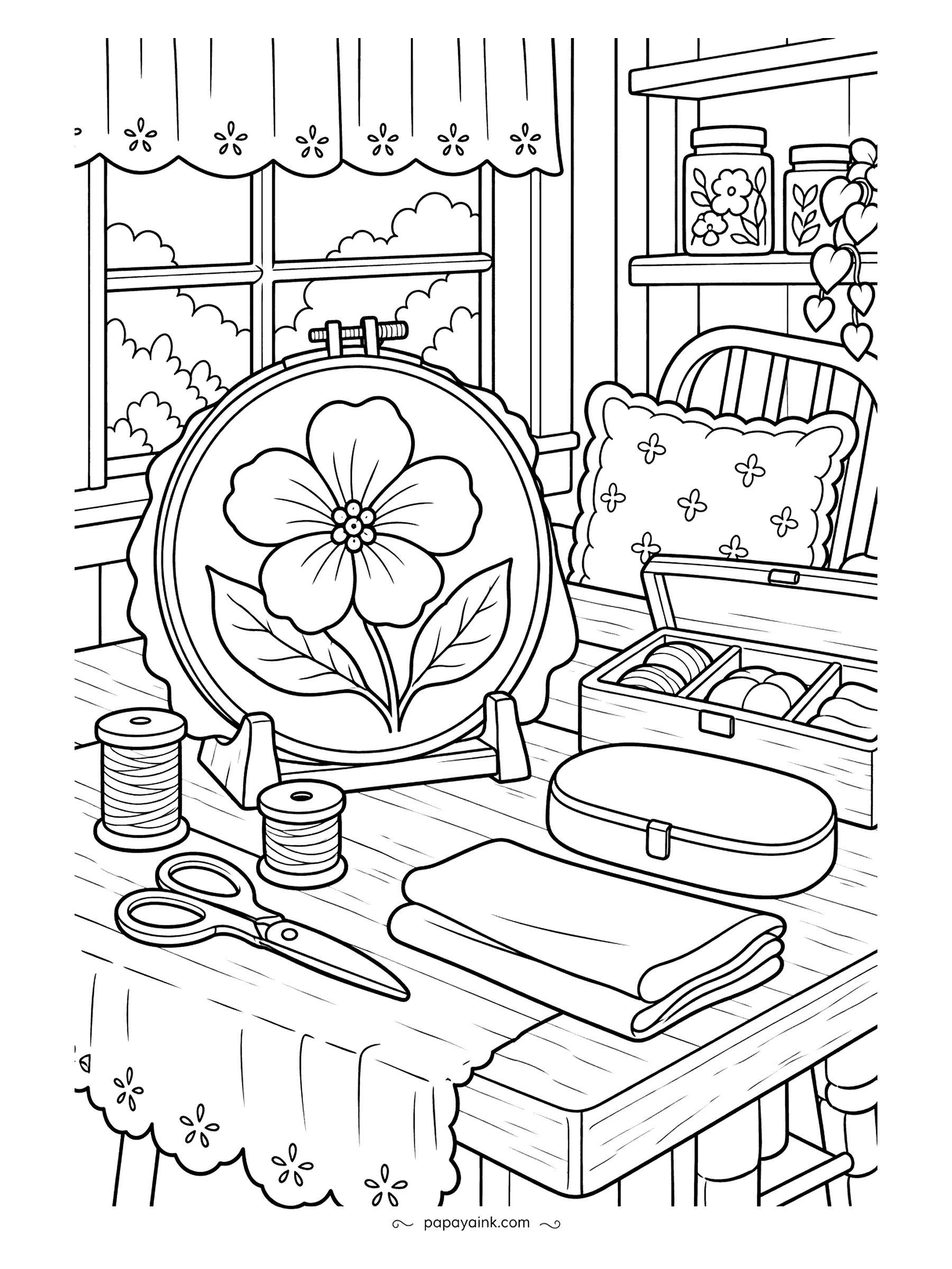 Cute Cozy Coloring Pages - A flower takes shape in the embroidery hoop on a lace-trimmed table, spools of thread, scissors and a box of floss close at hand. Jars on the windowsill and a chair cushion complete the craft corner.