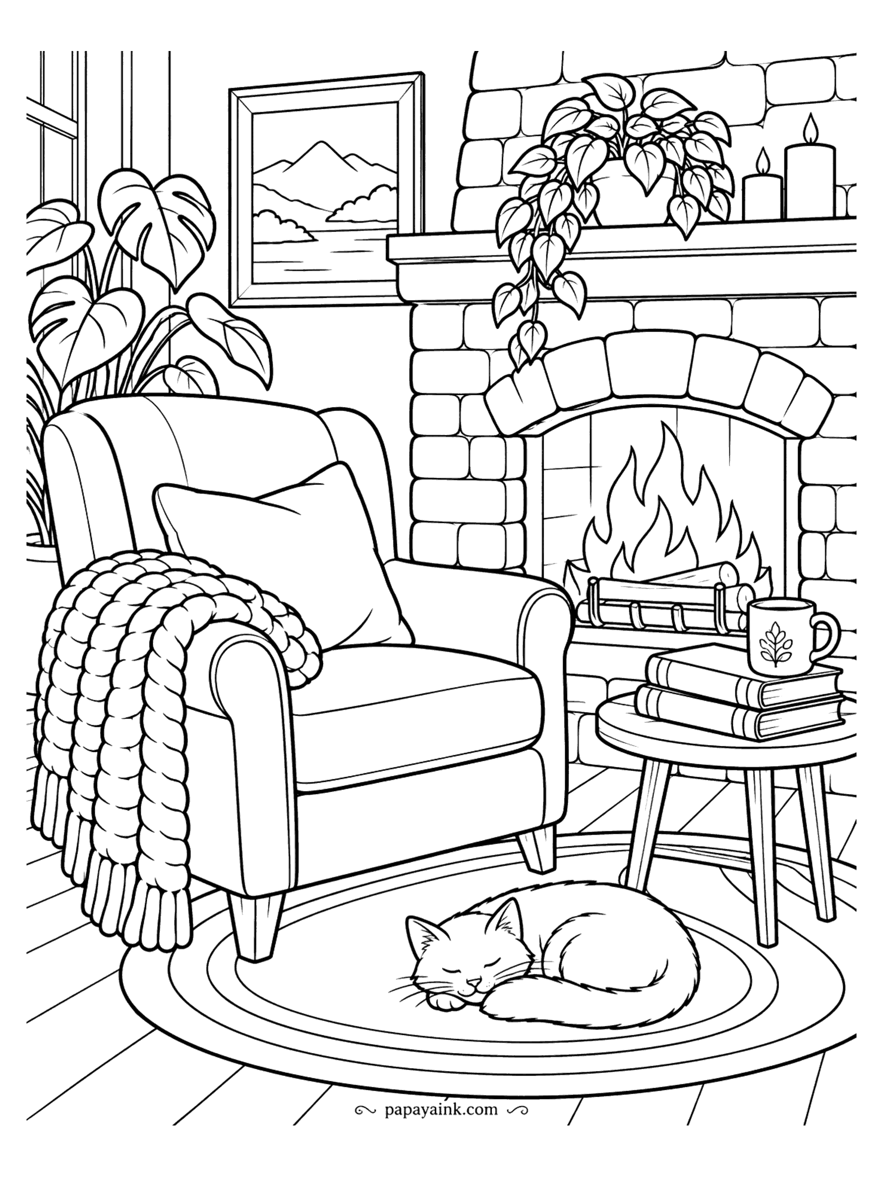 Cute Cozy Coloring Pages - Flames dance in a brick hearth as a chunky-knit afghan tumbles over a wingback seat and a kitten curls up on the braided mat below.
