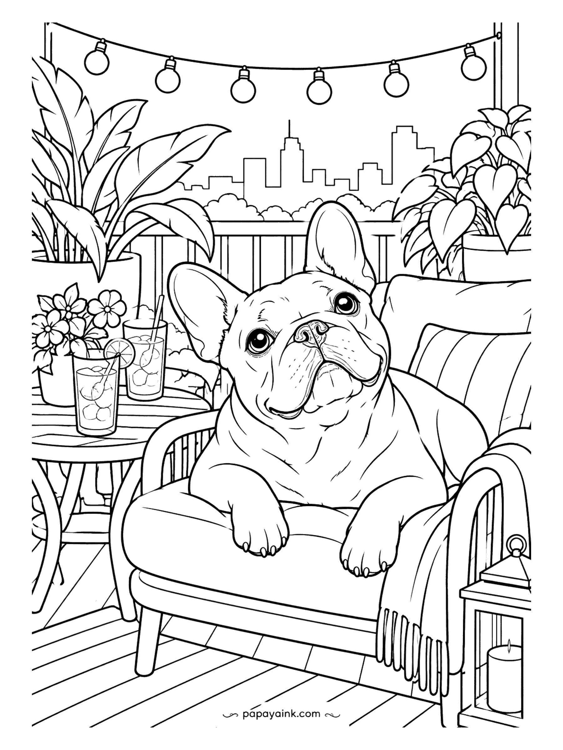 Cute Cozy Coloring Pages - Cafe lights glitter over a skyline view as a French bulldog rests its chin and forelegs on a plush lounger, iced drinks and a candle jar keeping it company.