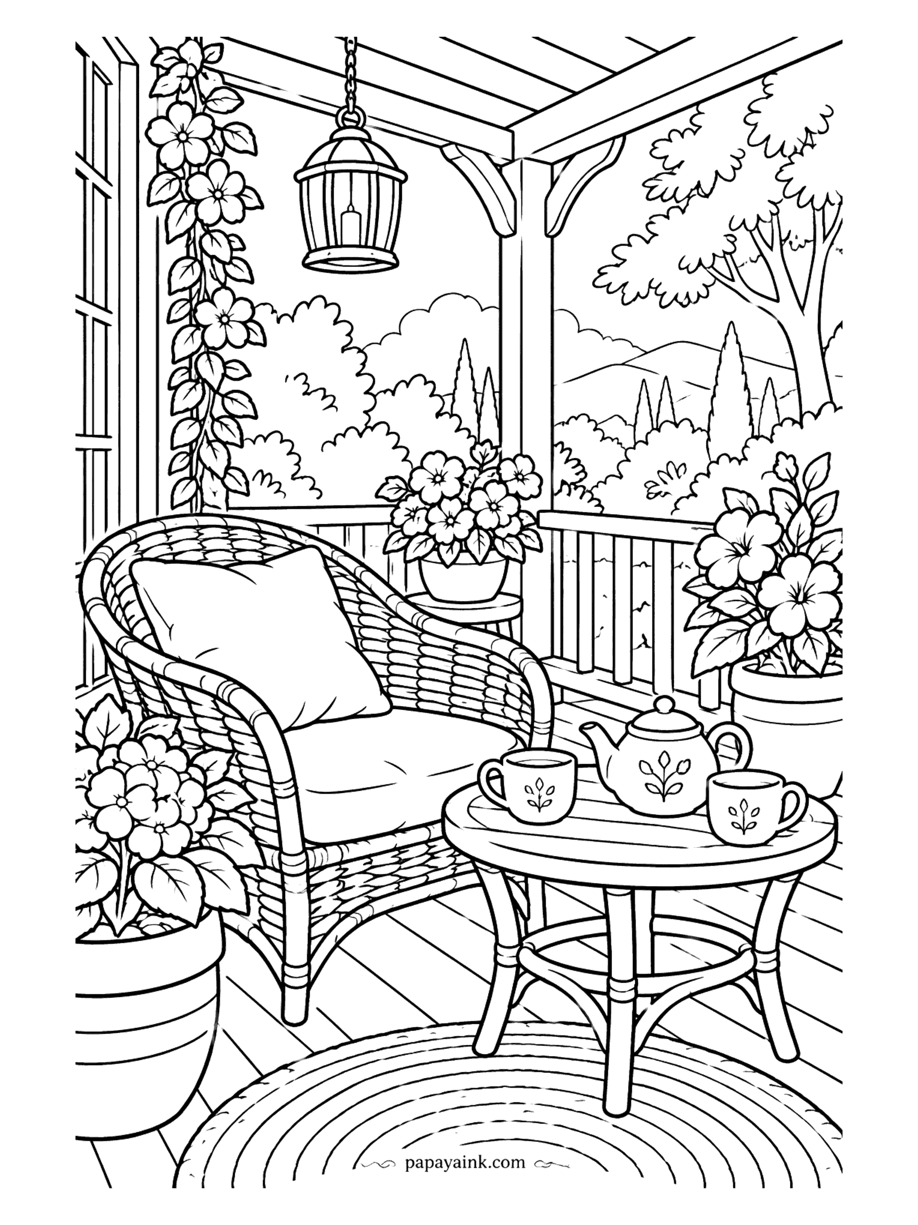Cute Cozy Coloring Pages - Beneath a pergola hung with a caged lantern, a woven armchair and a teapot for two overlook cypress groves and planters bursting with blossoms.