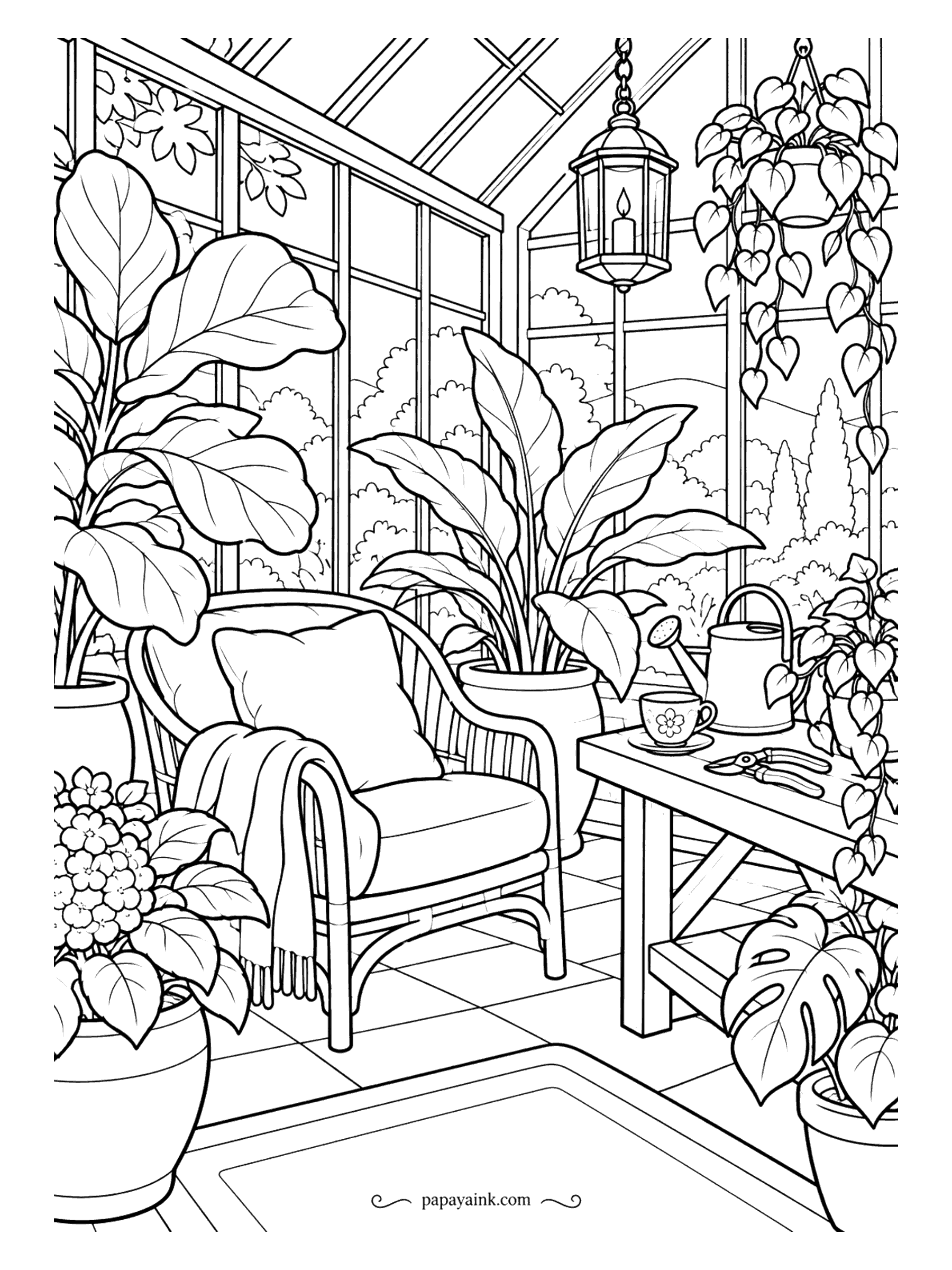 Cute Cozy Coloring Pages - Lush fiddle-leaf figs, peace lilies and trailing vines enclose a cushioned chair in a greenhouse, where pruning shears and a saucer share the potting bench.