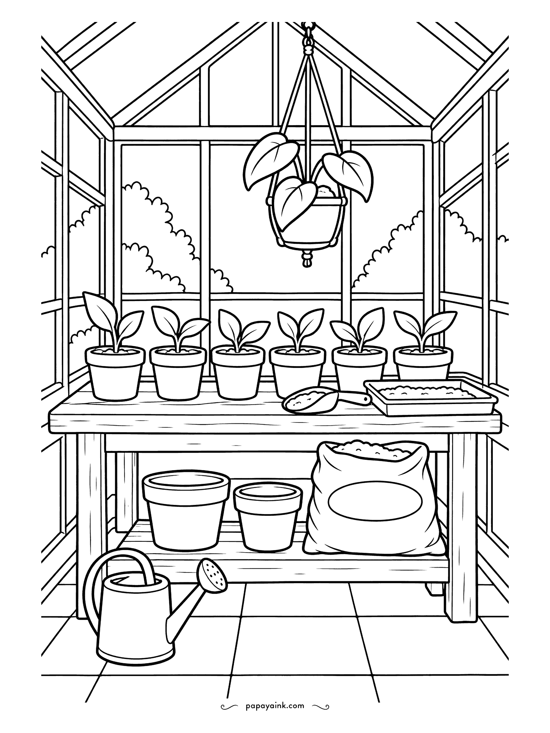 Cute Cozy Coloring Pages - A neat row of seedlings sprouts in small clay pots along the potting bench, a hanging plant above and a watering can, spare pots and a sack of soil below. Clear lines, easy to color in an evening.