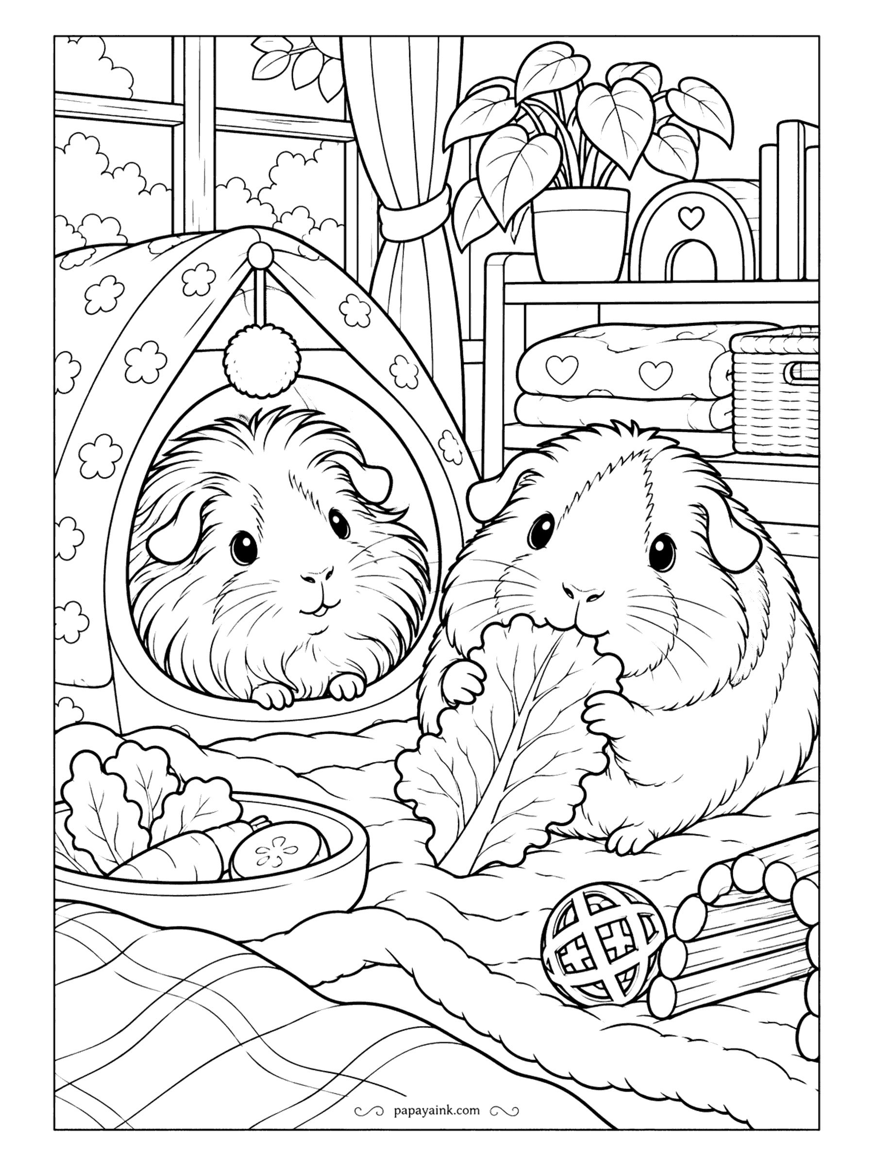 Cute Cozy Coloring Pages - One guinea pig peeks from a flowery hideout topped with a pompom as its chubby companion munches lettuce beside a veggie dish and a willow toy. Detailed.