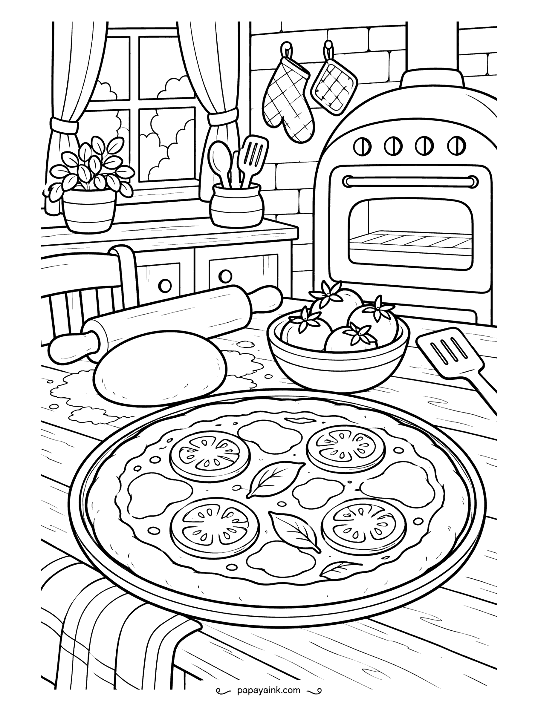 Cute Cozy Coloring Pages - Dough rolled, sauce spread, basil and tomato slices on top - the pizza is ready for the oven. A rolling pin, a bowl of tomatoes and oven mitts by the window complete the warm kitchen.