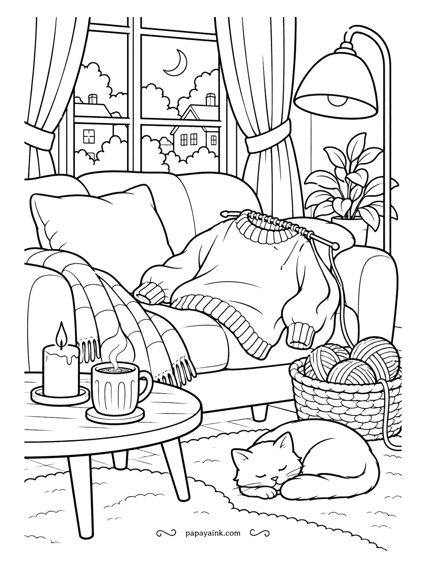 Cute Cozy Coloring Pages - Half a sweater drapes over the couch, candlelight and hot chocolate glow on the low wooden table, and a kitty sleeps by a basket of wool under a sliver of moon.