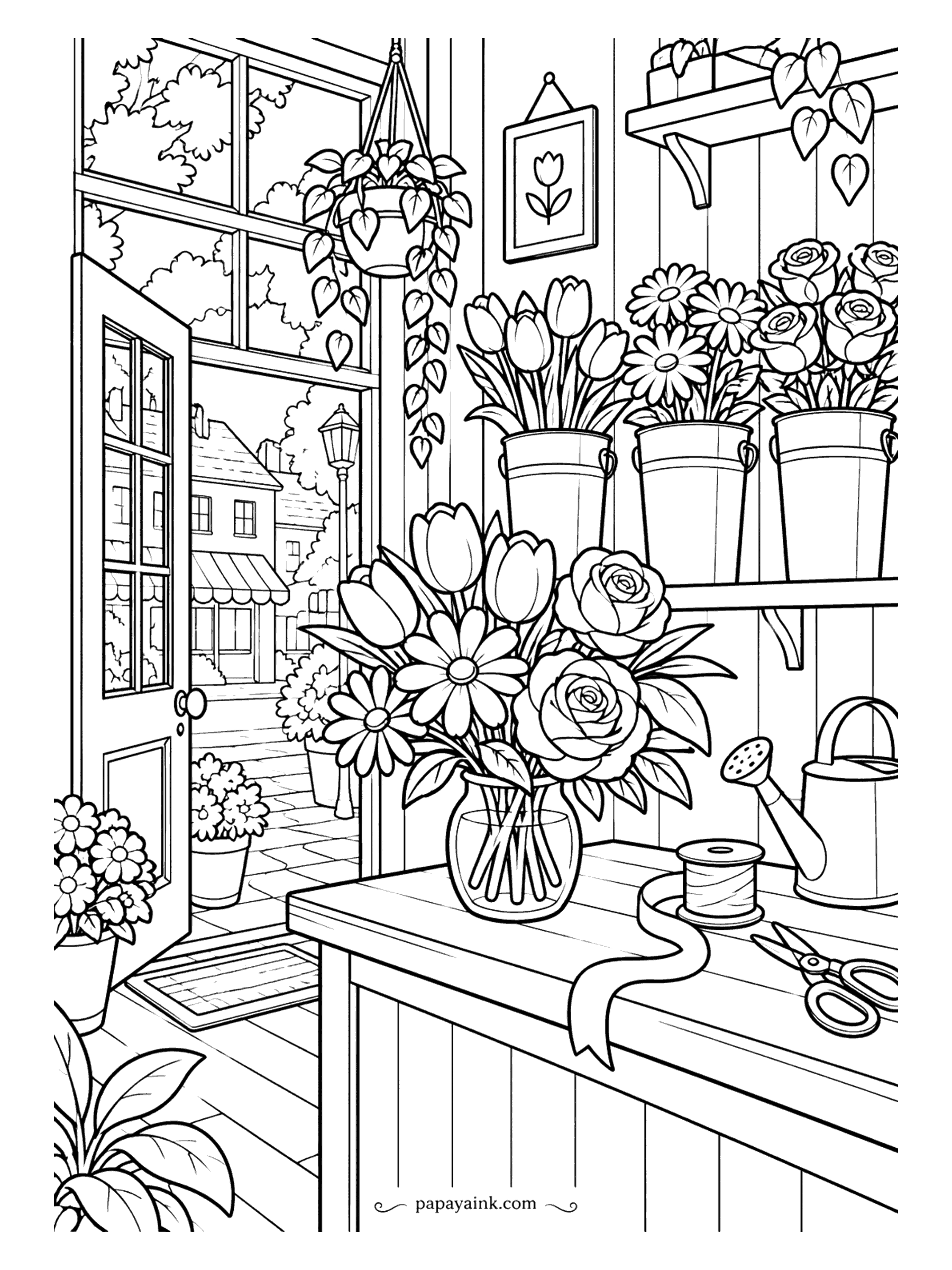 Cute Cozy Coloring Pages - Buckets of tulips, daisies and roses line the shelves of a tiny florist's workbench, where ribbon, shears and a just-tied bouquet wait beside a doorway onto a cobbled lane. Detailed.