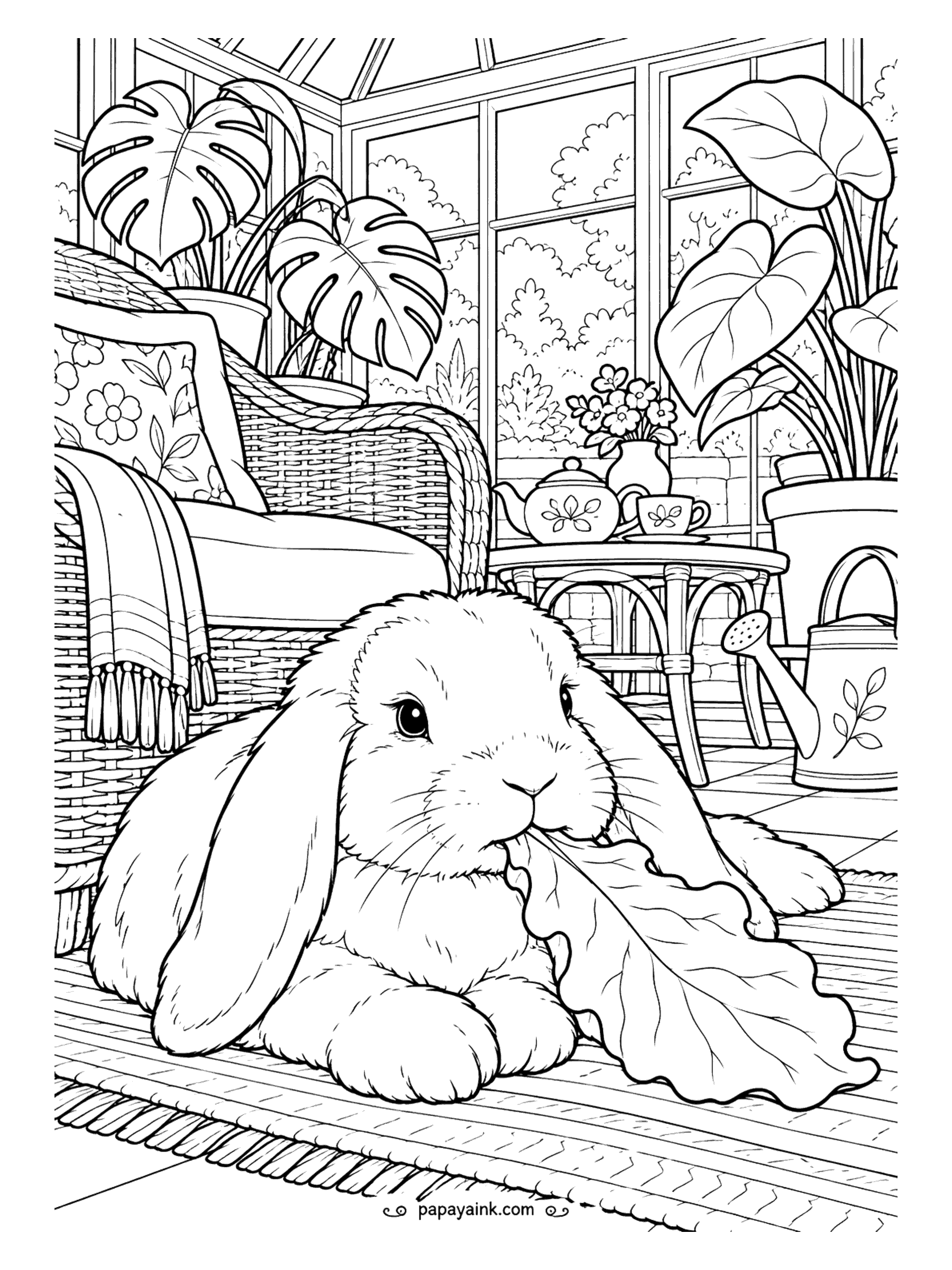 Cute Cozy Coloring Pages - Floppy ears frame a velvety lop rabbit nibbling a lettuce leaf on a woven mat, surrounded by giant leaves, a watering can and a garden tea service. Detailed.