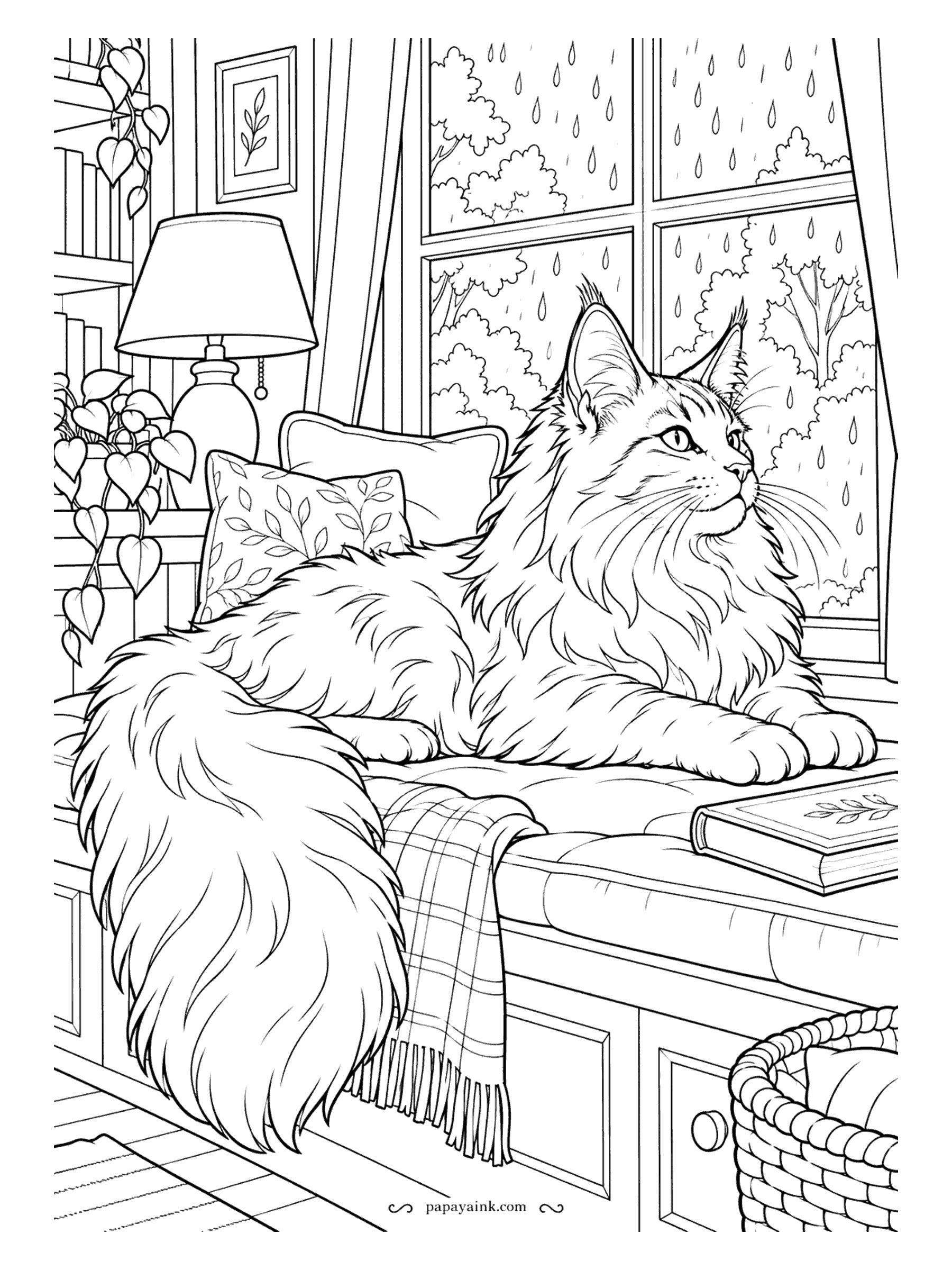 Cute Cozy Coloring Pages - Raindrops streak the pane as a majestic Maine Coon lounges on a tufted window cushion, its plume of a tail spilling over a checked coverlet. Detailed.