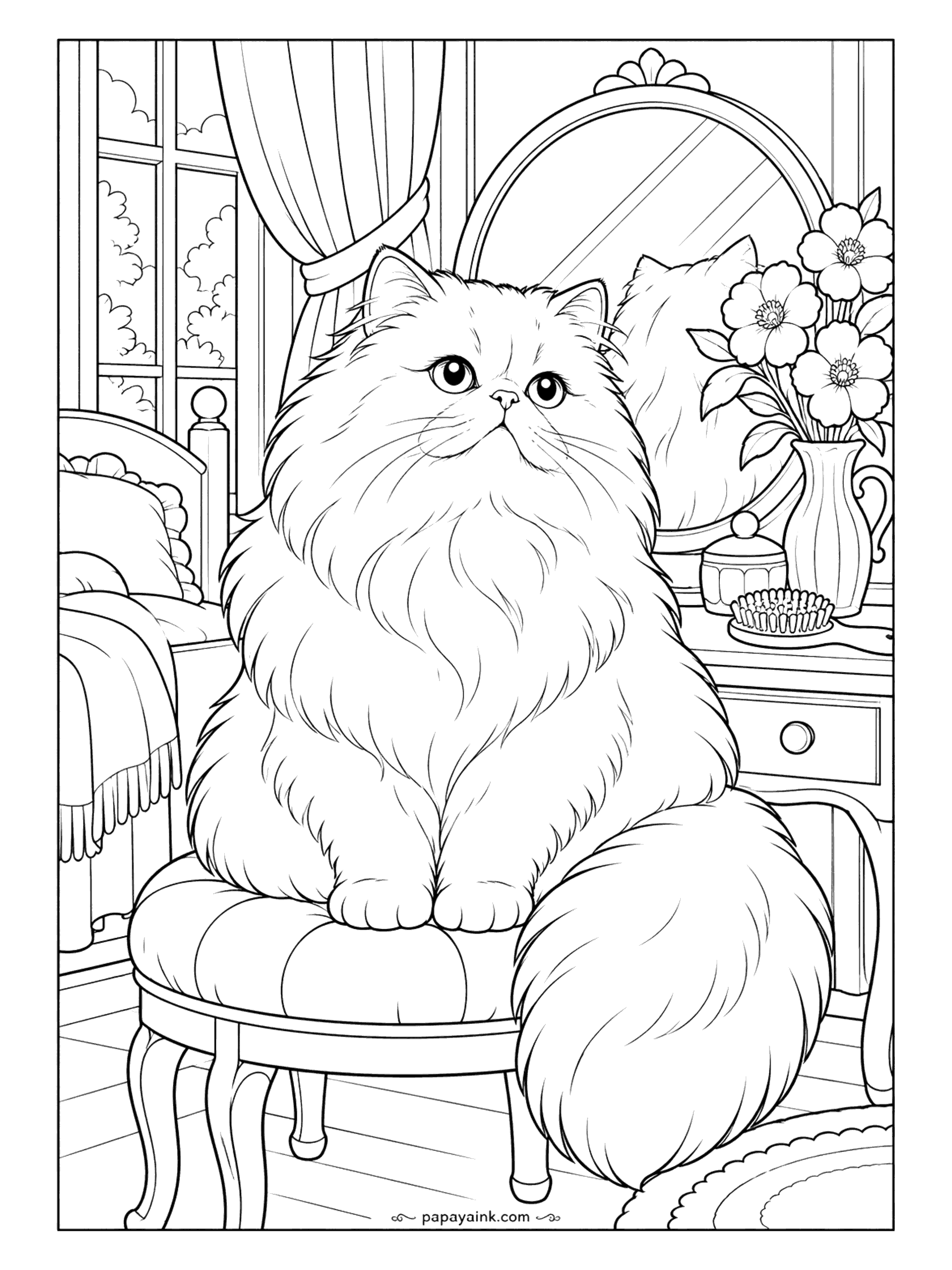 Cute Cozy Coloring Pages - Silky fur spills over a tufted ottoman as a regal Persian poses before an oval mirror, a hairbrush and a vase of anemones arranged on the dressing table. Detailed.