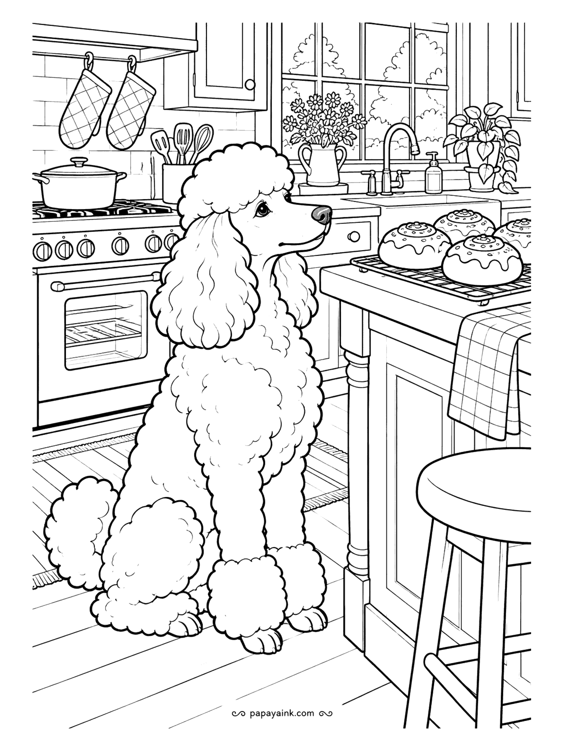 Cute Cozy Coloring Pages - Fresh buns cool on a rack as a curly poodle sits politely by the kitchen island, eyes fixed on the treats, hoping someone looks the other way.