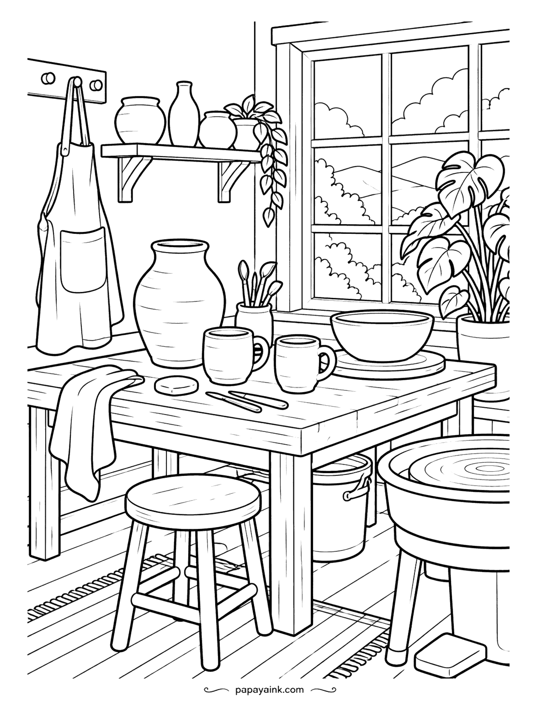 Cute Cozy Coloring Pages - Freshly thrown jugs, bowls and cups dry on a sturdy workbench, a clay-dusted apron hangs on a peg and the wheel rests quietly in the afternoon light.