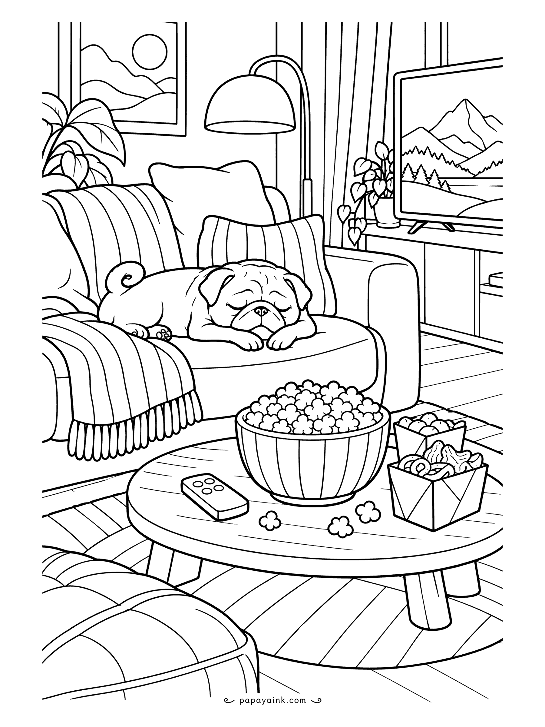 Cute Cozy Coloring Pages - The movie is on, the popcorn is out, and the pug fell asleep before the opening credits. He snores on the sofa among striped pillows, a remote and takeout boxes on the coffee table. Soft, rounded shapes.