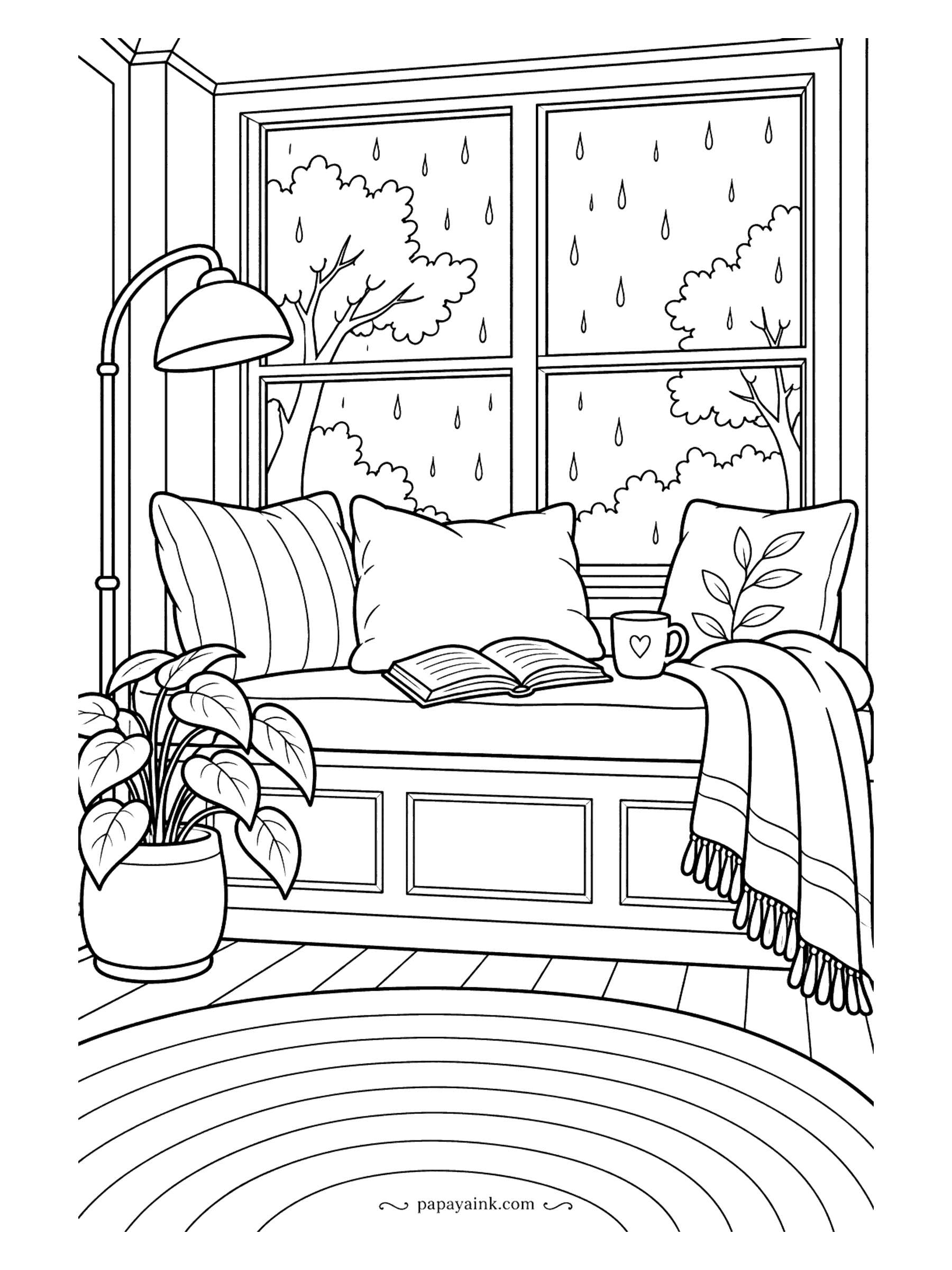 Cute Cozy Coloring Pages - Rain beads down tall glass behind a window bench heaped with pillows, an open novel, a heart-stamped cup and a tasseled shawl under an arching floor light.
