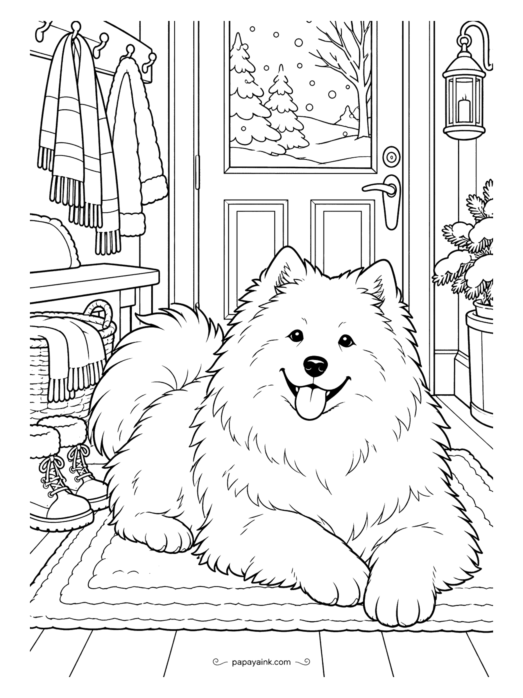 Cute Cozy Coloring Pages - Snowflakes swirl past the entry as a beaming Samoyed sprawls on a doormat, surrounded by fur-trimmed boots, knitted mufflers and a hamper of woolens.