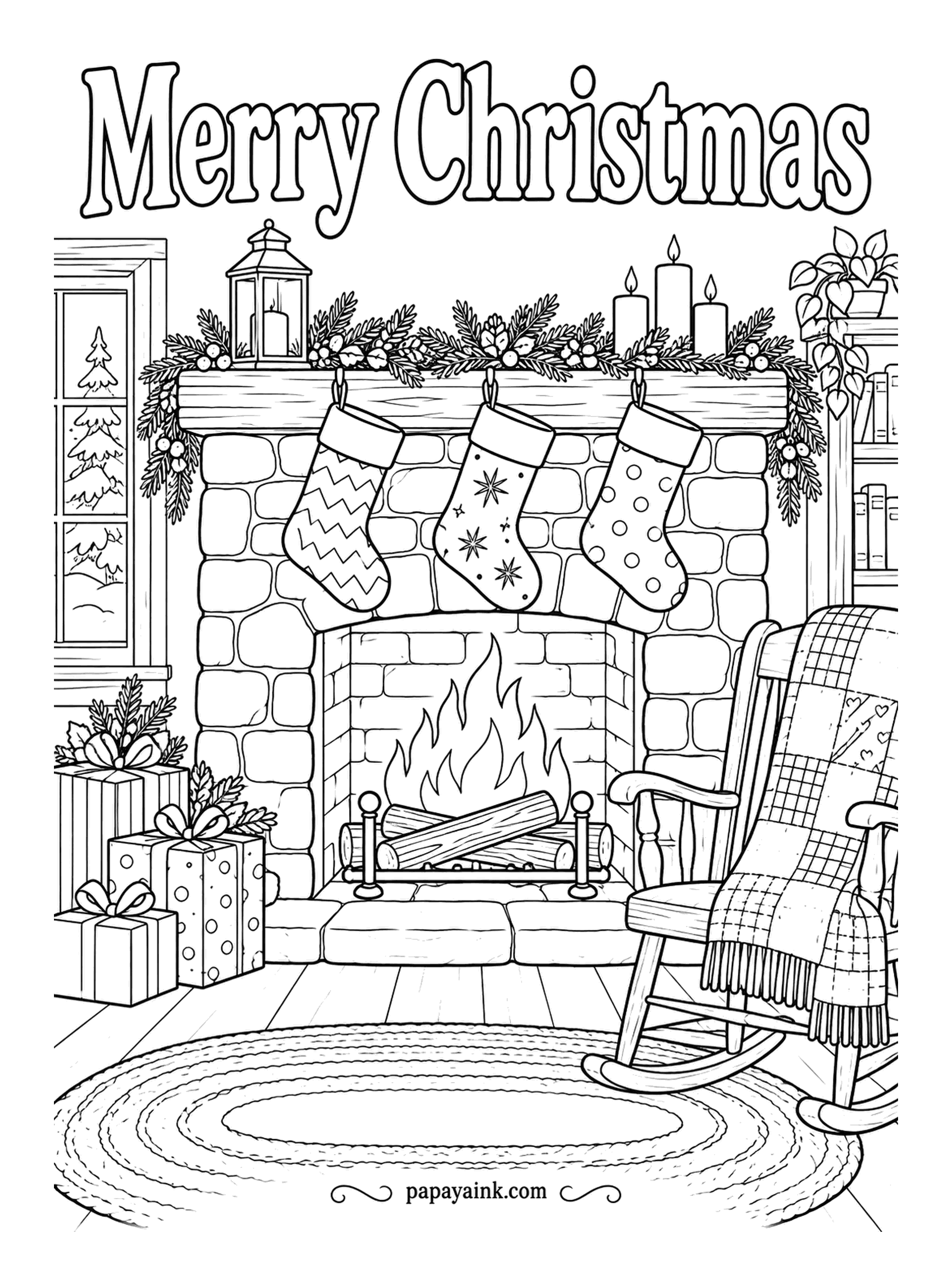 Merry Christmas Coloring Pages - Candles on the mantel, a patchwork quilt over the rocker and a braided rug that took somebody a whole winter. Nothing in this room is in a rush. Detailed - color the rug in rings, alternating two warm tones.