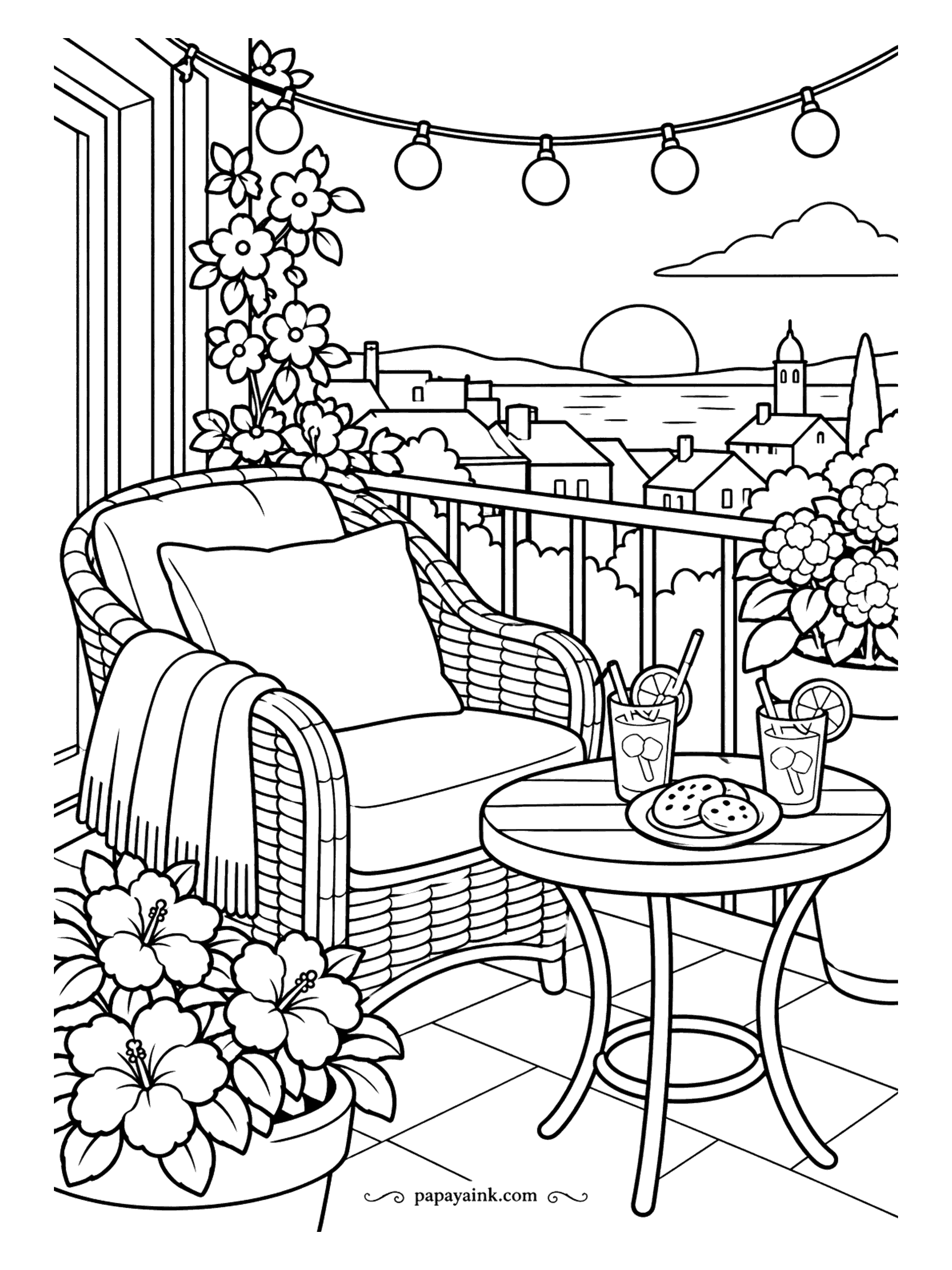 Cute Cozy Coloring Pages - Glowing bulbs sway over a cane lounger, where cookies and iced lemonade sit on a bistro stand as dusk sinks behind terracotta rooftops and the bay.