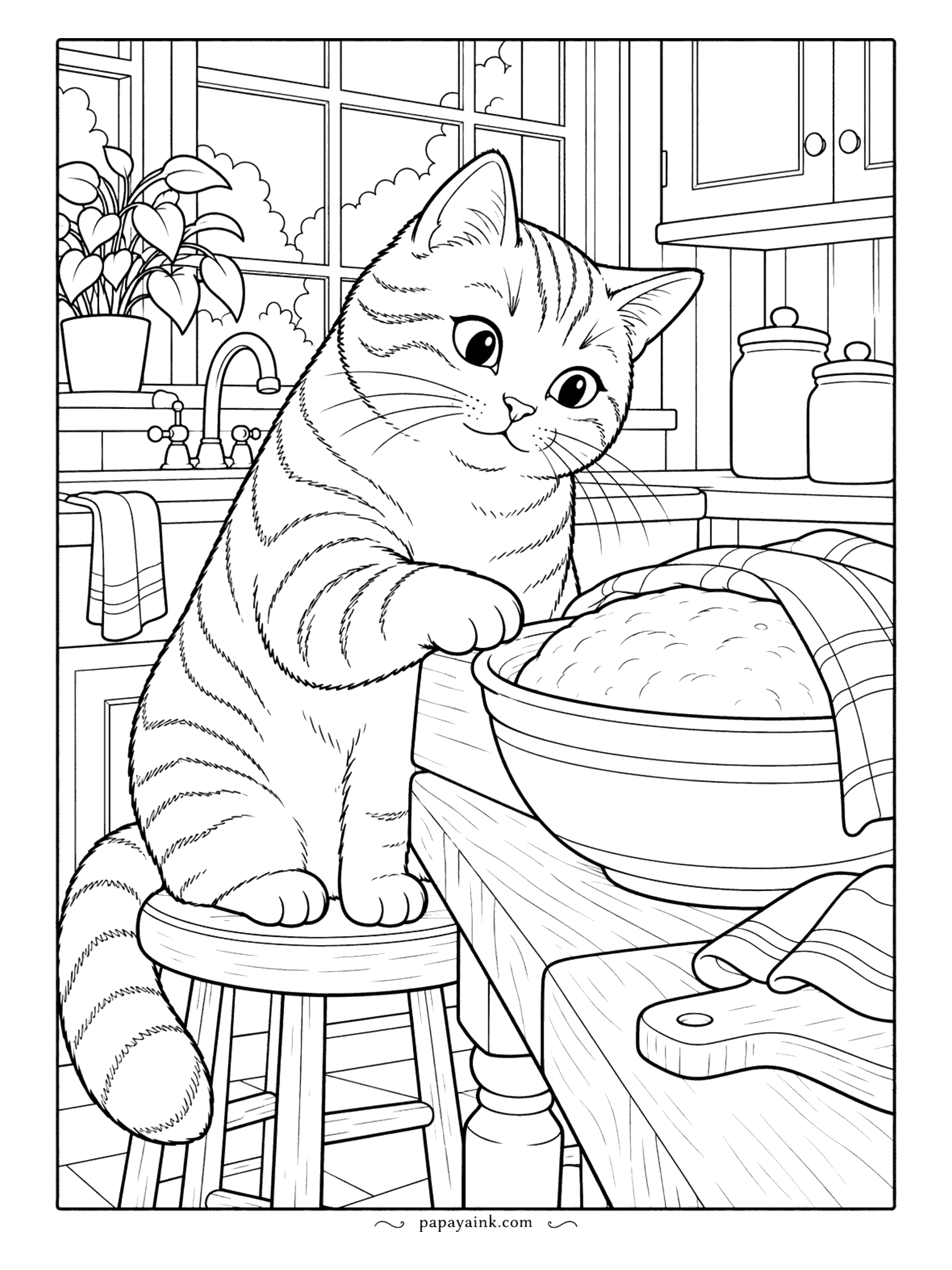 Cute Cozy Coloring Pages - Paw raised with great curiosity, a tabby balances on a stool to inspect a bowl of proofing dough beneath a checked cloth in a farmhouse kitchen. Detailed.