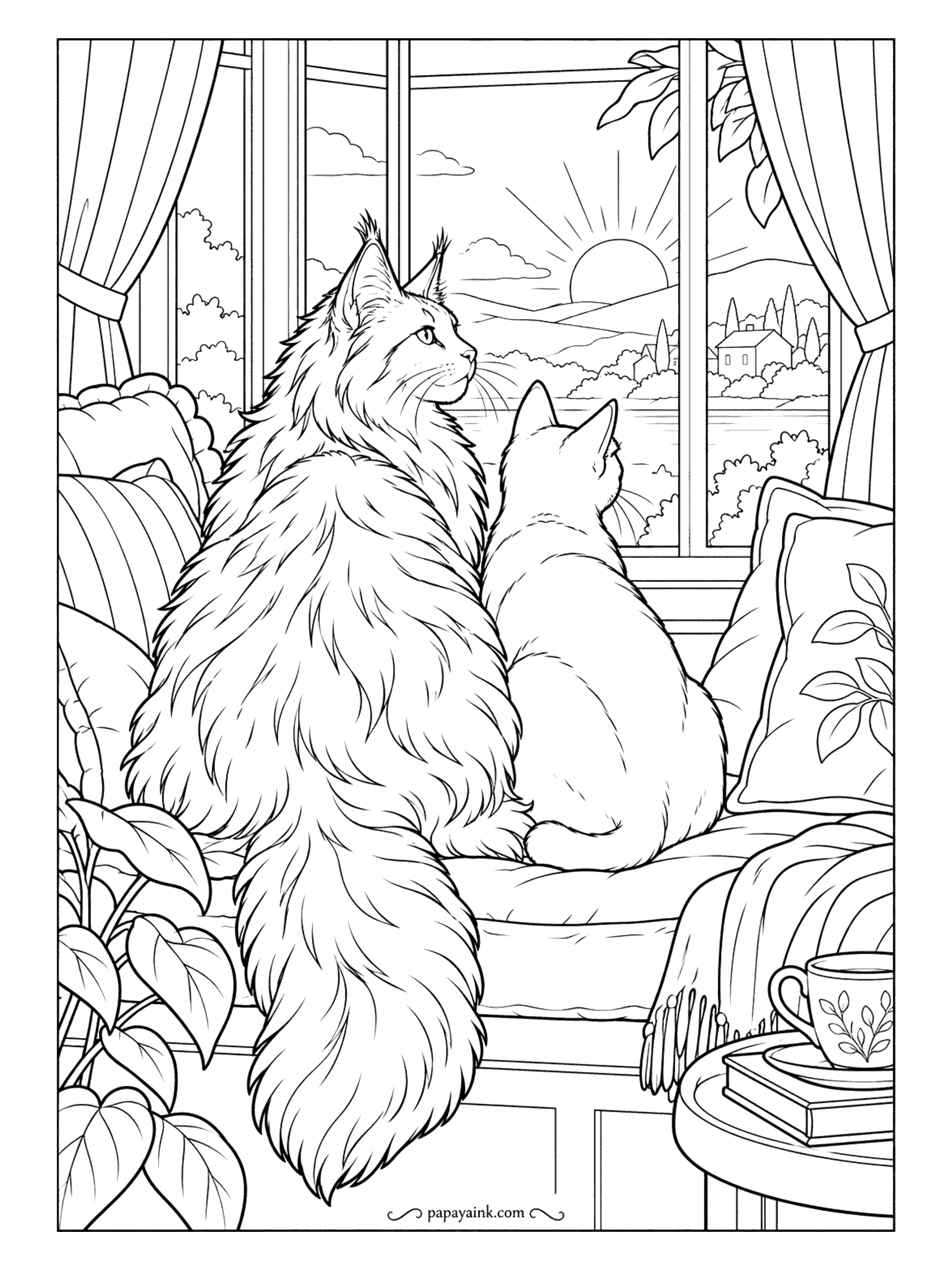 Cute Cozy Coloring Pages - Snuggled close on a pillowed sill, a majestic long-haired cat and its smaller friend admire dawn breaking over a quiet village. Detailed.
