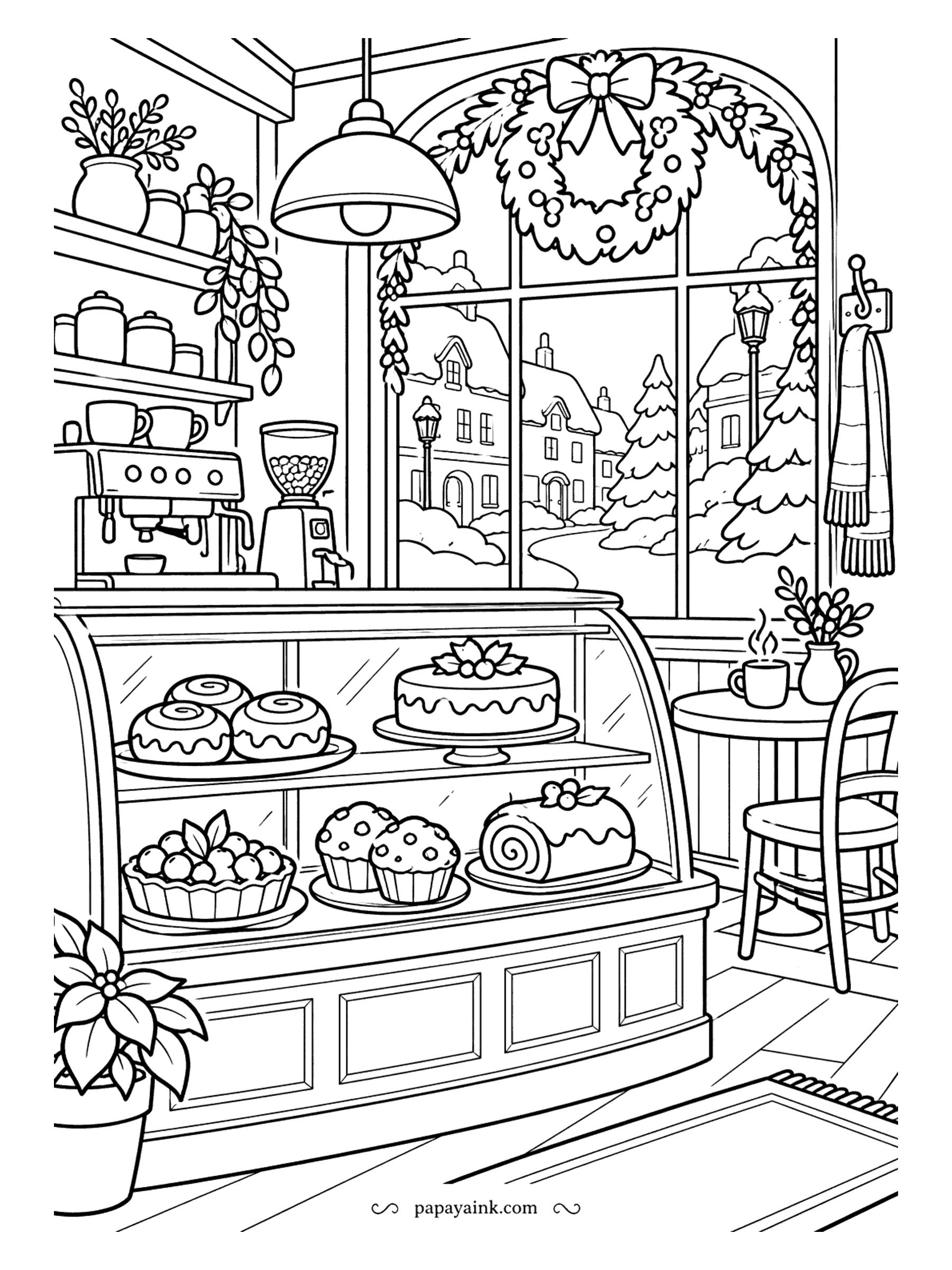 Cute Cozy Coloring Pages - Behind a curved display case, cinnamon rolls, berry tarts and a festive log cake tempt passersby as snow settles on the village lane outside the bakery.