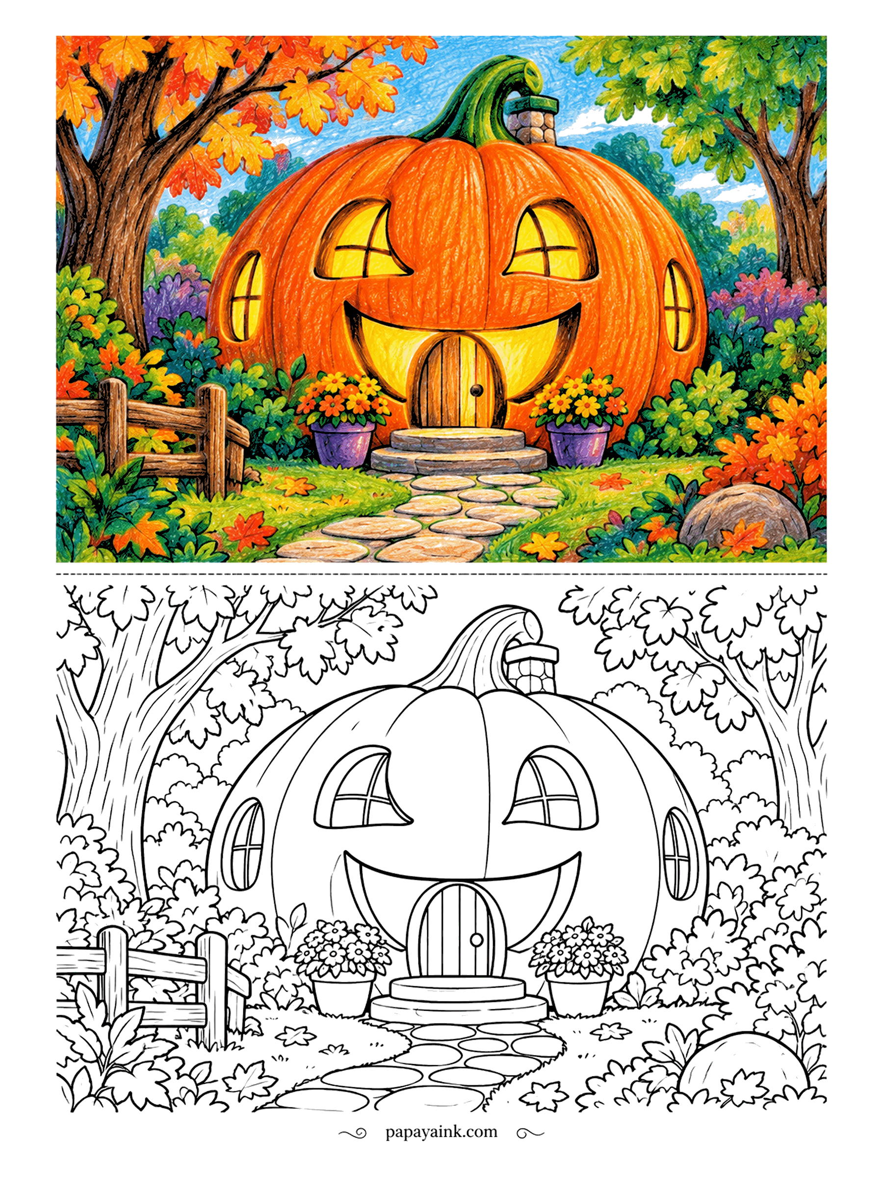 Pumpkin Coloring Pages - Two round windows for eyes, an arched door for a mouth - this pumpkin is also somebody's house. A stone path leads up to the step between flower pots. Drawn in waxy crayon, so crayons are the obvious pick.