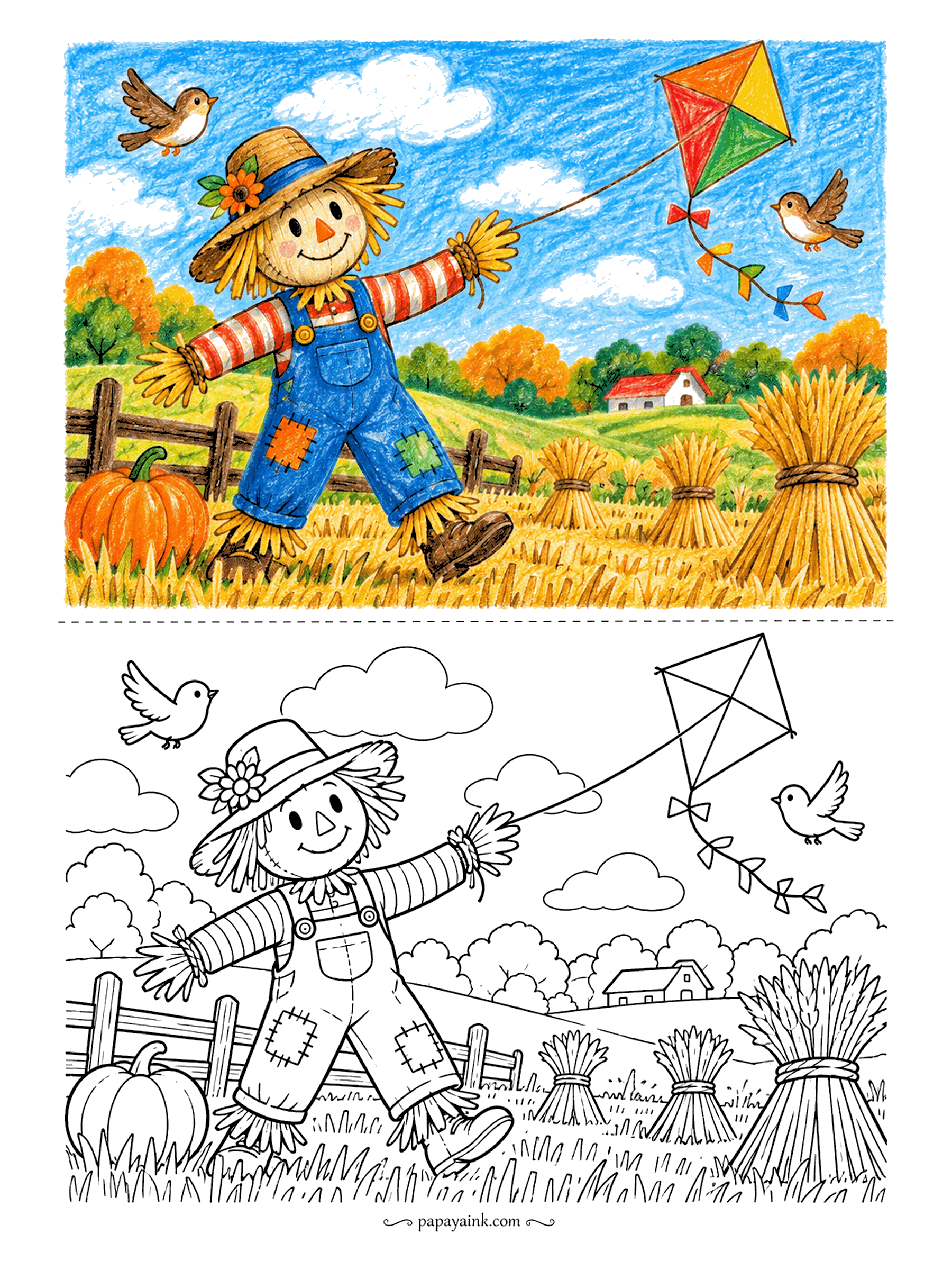 Scarecrow Coloring Pages - This one looks drawn in wax crayon by a child who loves fall. The scarecrow strides through the stubble field with a kite on a string, birds circling and wheat sheaves stacked in a row. Crayons are the natural tool here.