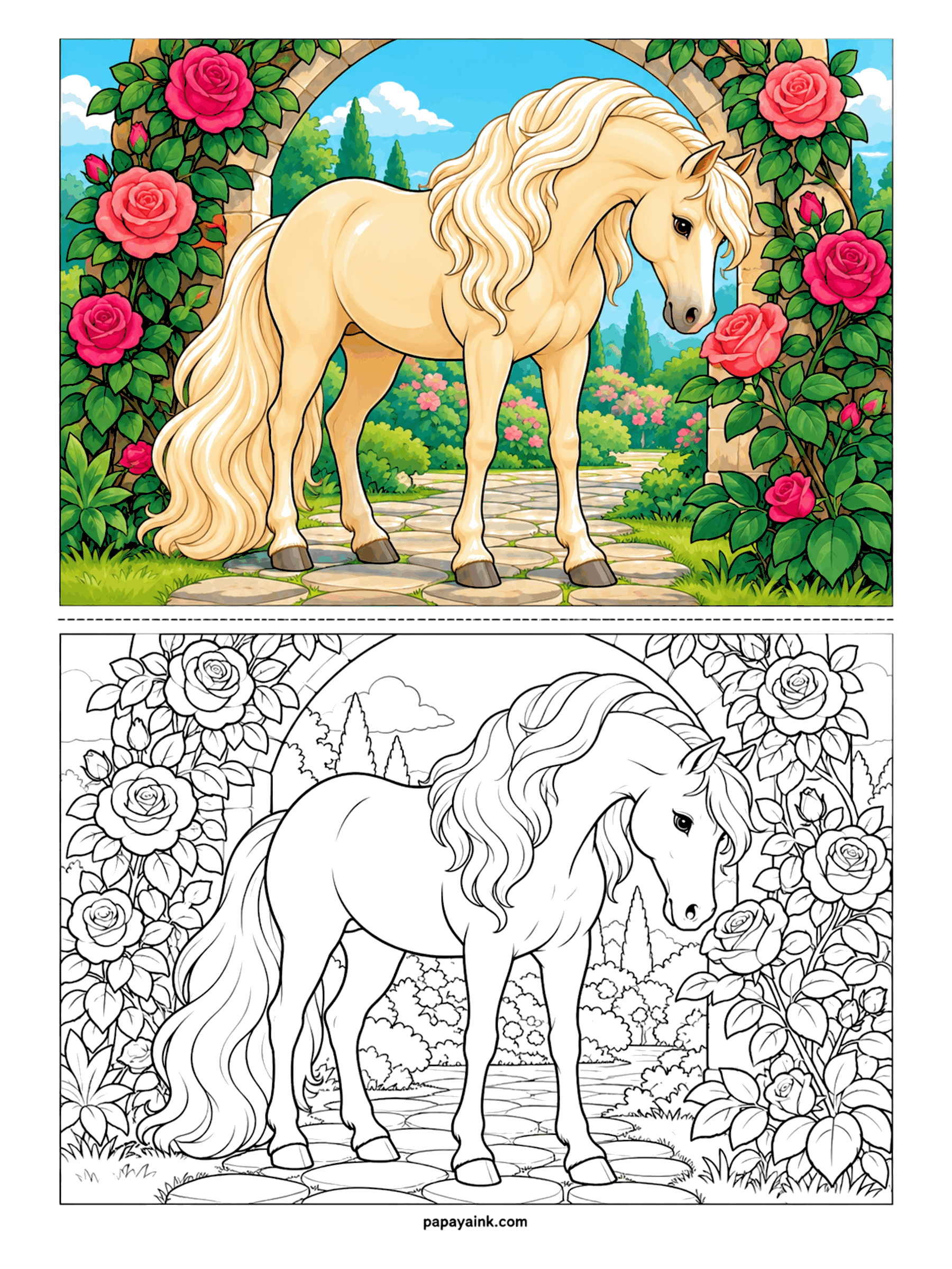 Horse Coloring Pages - A cream horse pauses under a stone arch wrapped in climbing roses, mane spilling almost to the paving. Cypress spires and clipped hedges fill the garden behind. The roses carry the color here - the horse stays nearly white, so the page is quieter than it looks. Detailed.