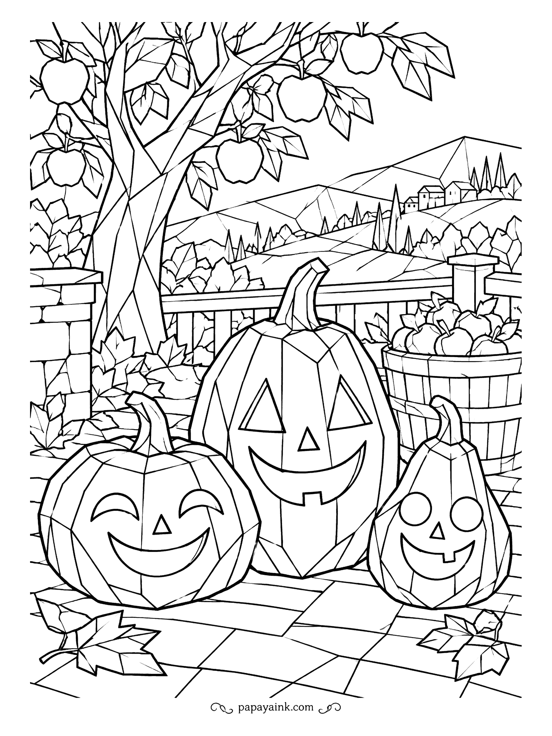 Pumpkin Coloring Pages - Three jack-o'-lanterns, all angles and facets, line up on a tiled patio below an apple tree. A barrel of apples and a village on the hills complete the scene. Light-to-dark tones on each facet make the shapes pop.