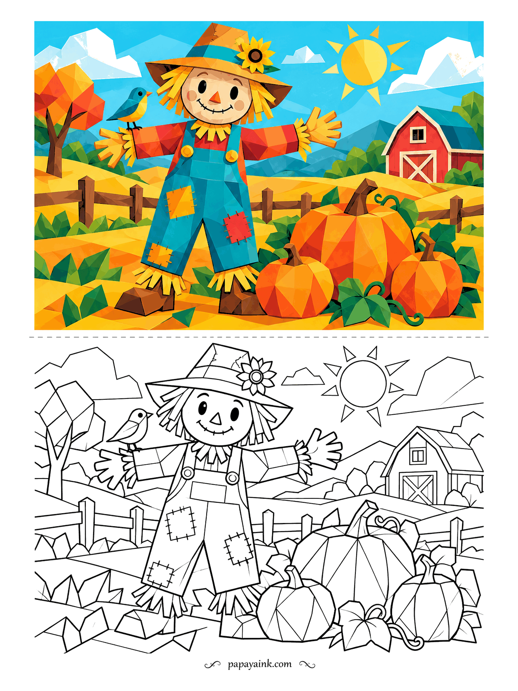 Scarecrow Coloring Pages - Cubism, but the friendly kind. The pumpkins, the hills and even the clouds break into soft angled facets, while the scarecrow stands by his fence with a bird on one hand and a red barn behind. Fill each facet in a slightly different tone.