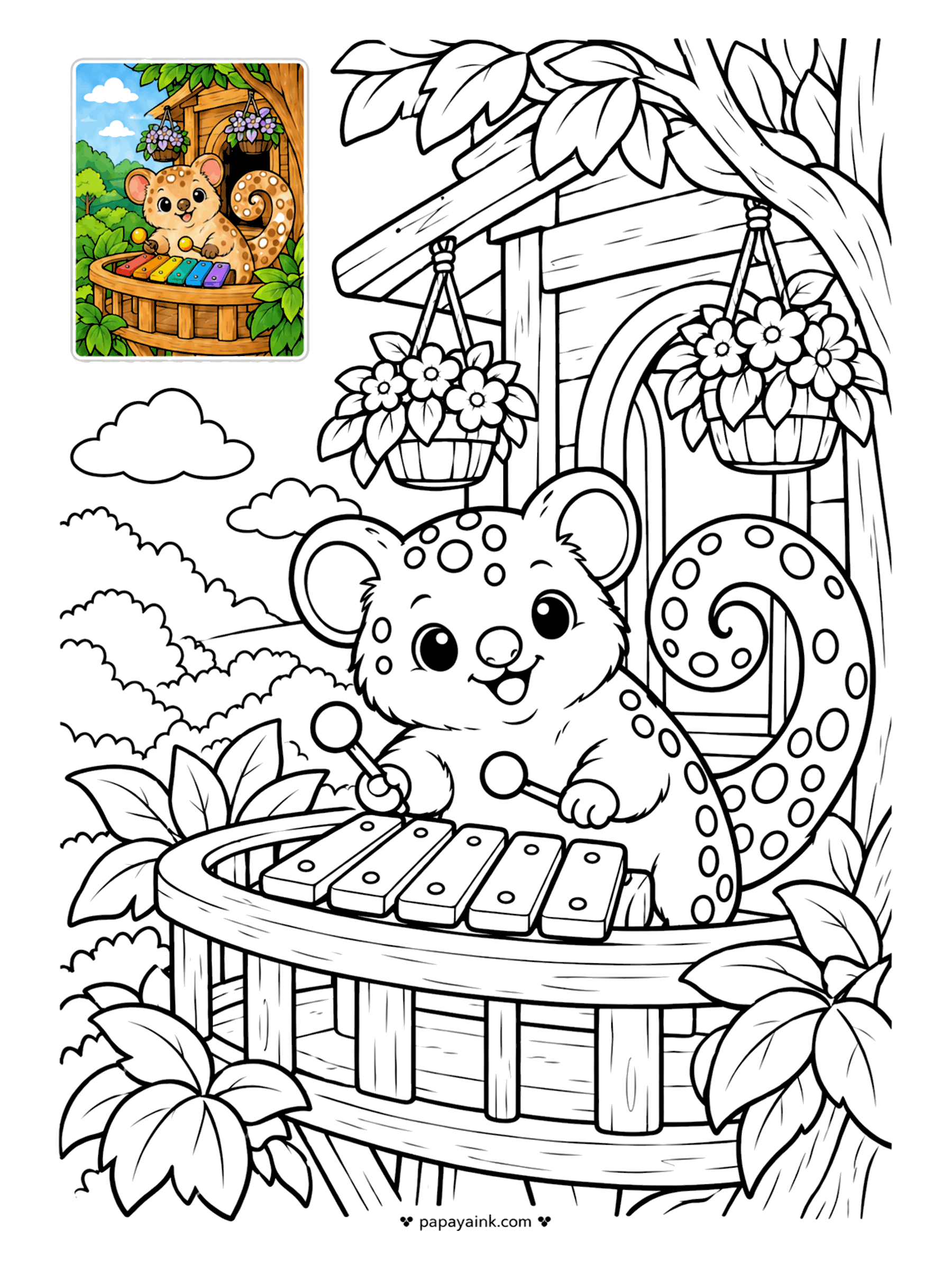 Color Guide Coloring Pages - Spotted coat, a tail that grips like a hand: the cuscus, a possum from New Guinea, plays a xylophone on a treehouse balcony under hanging flower baskets. Fill the spots first, then the rainbow of xylophone bars.